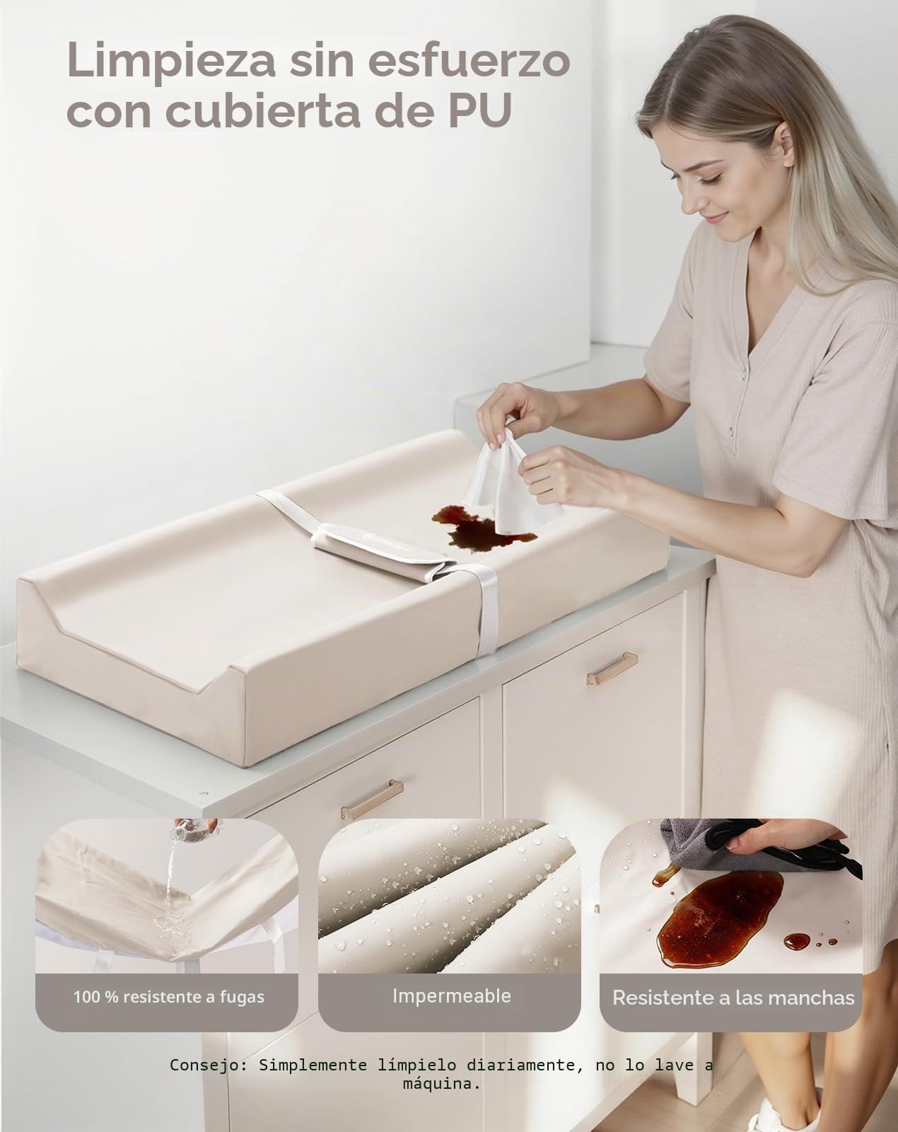 COMOMY Cambiador de cuero vegano para bebé con cubierta de poliuretano impermeable y suave, almohadilla cambiadora de cuña antideslizante con correas de seguridad, cambiador de pañales portátil, para