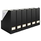 Declutter in Style - Set of 6 Black Foldable Magazine File Holders with Gold Label Holders - Cardboard Magazine Storage Box & Desk Organizer for Workspace and Shelves