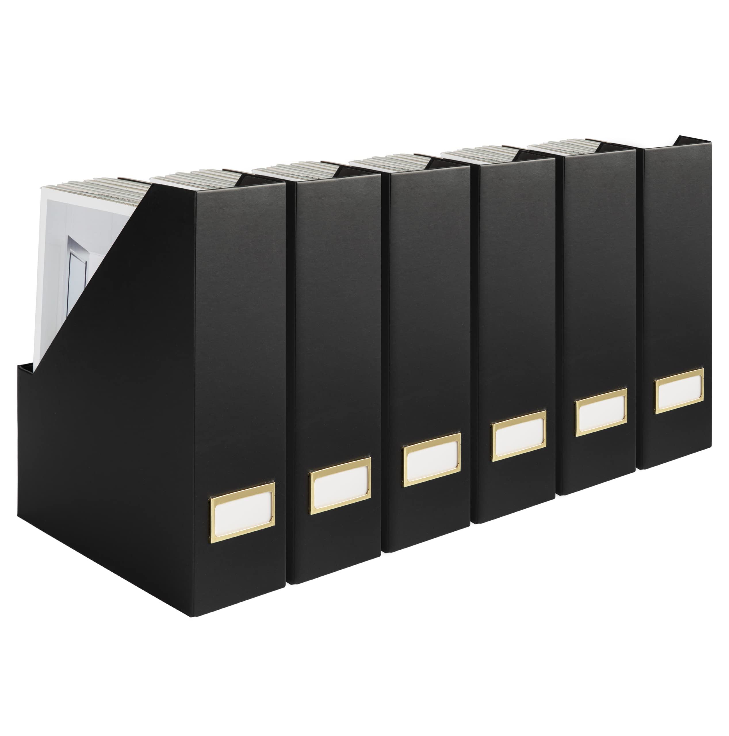 BLU MONACO | Cardboard Magazine File Holder Set of 6 Black | Vertical Magazine File Holder with Gold Label Slots | Standing File Holder and Cardboard