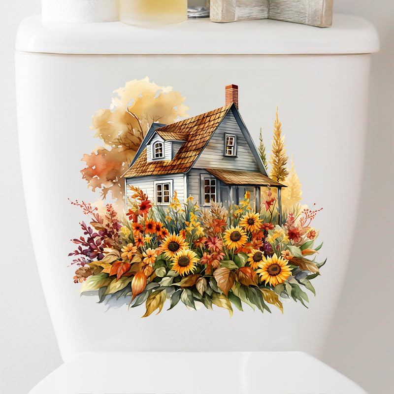 Valentine's Flower Toilet Cover Sticker Decals,Spring Sunflower Leaf Waterproof Toilet Lid Tank Seat Decals Cistern Self-Adhesive Bathroom Wall Sticker