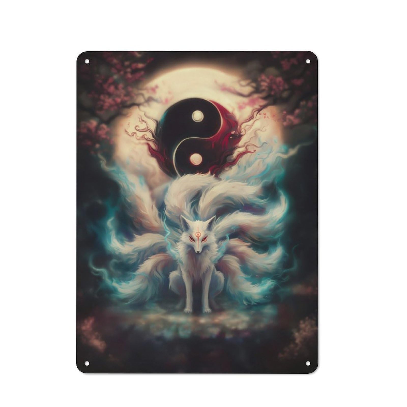 Nine-Tailed Fox Yin Yang Rustic Metal Wall Decor 40x30cm, Decorative Metal Plaque for Shed, Garden Room, Porch Or Garage