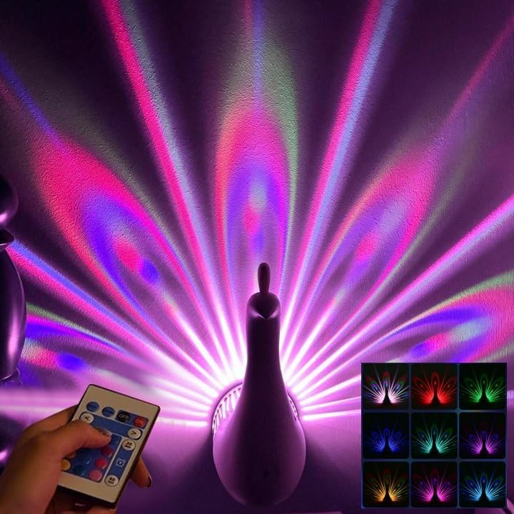 pulunto Peacock Wall Light,Peacock Projection Desk Lamp,USB Charging Rainbow Projection Night Light,7 Color Adjustment LED Night Light with Remote Control for Living Room Xmas Birthday Gift