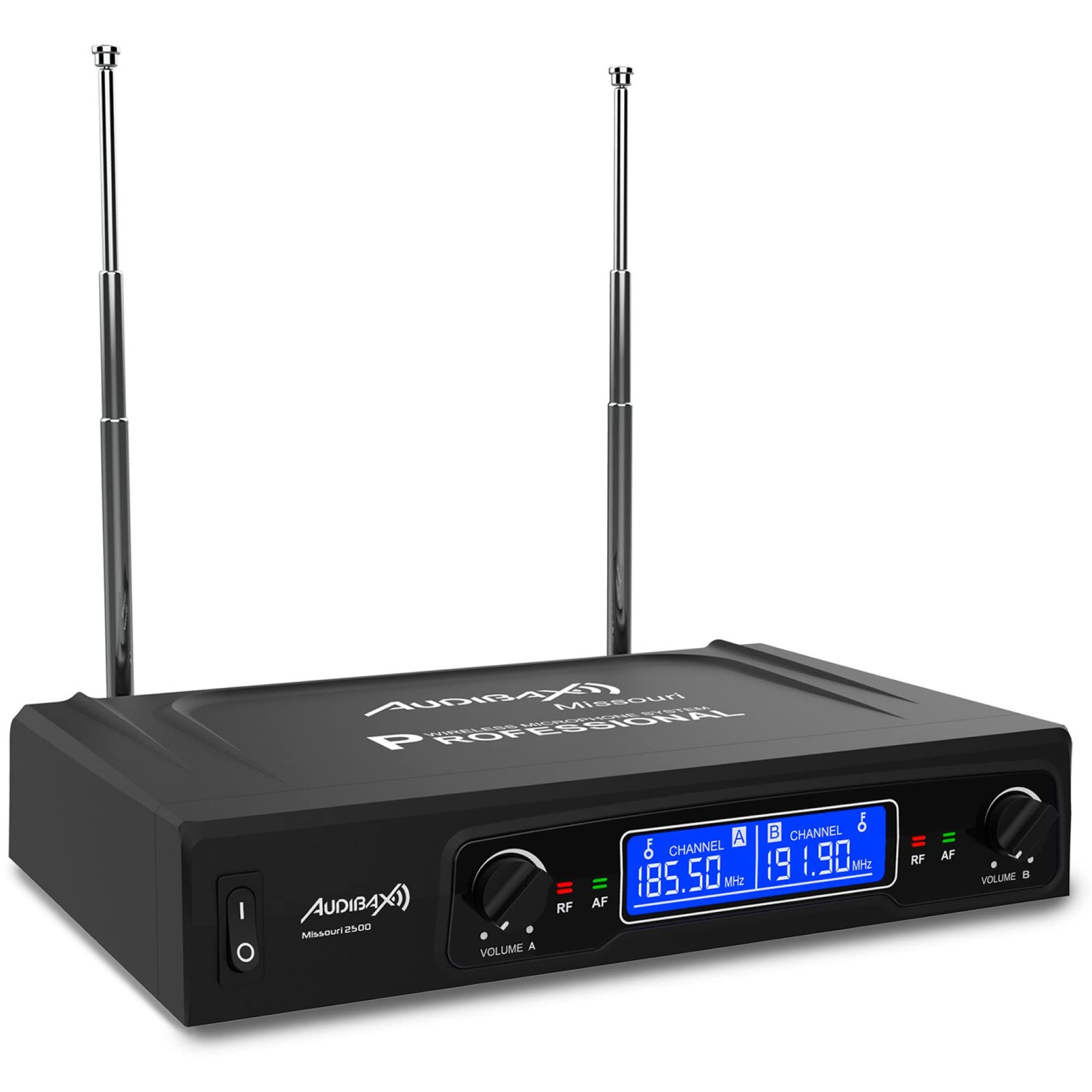 Audibax Missouri 2500-1 - Bezprzewodowy system mikrofonów VHF z dwoma ostrzami - mikrofony bezprzewodowe Madonna o częstotliwości A - system ze wskaźnikami RF/AF - złącza wyjściowe XLR i pomocnicze