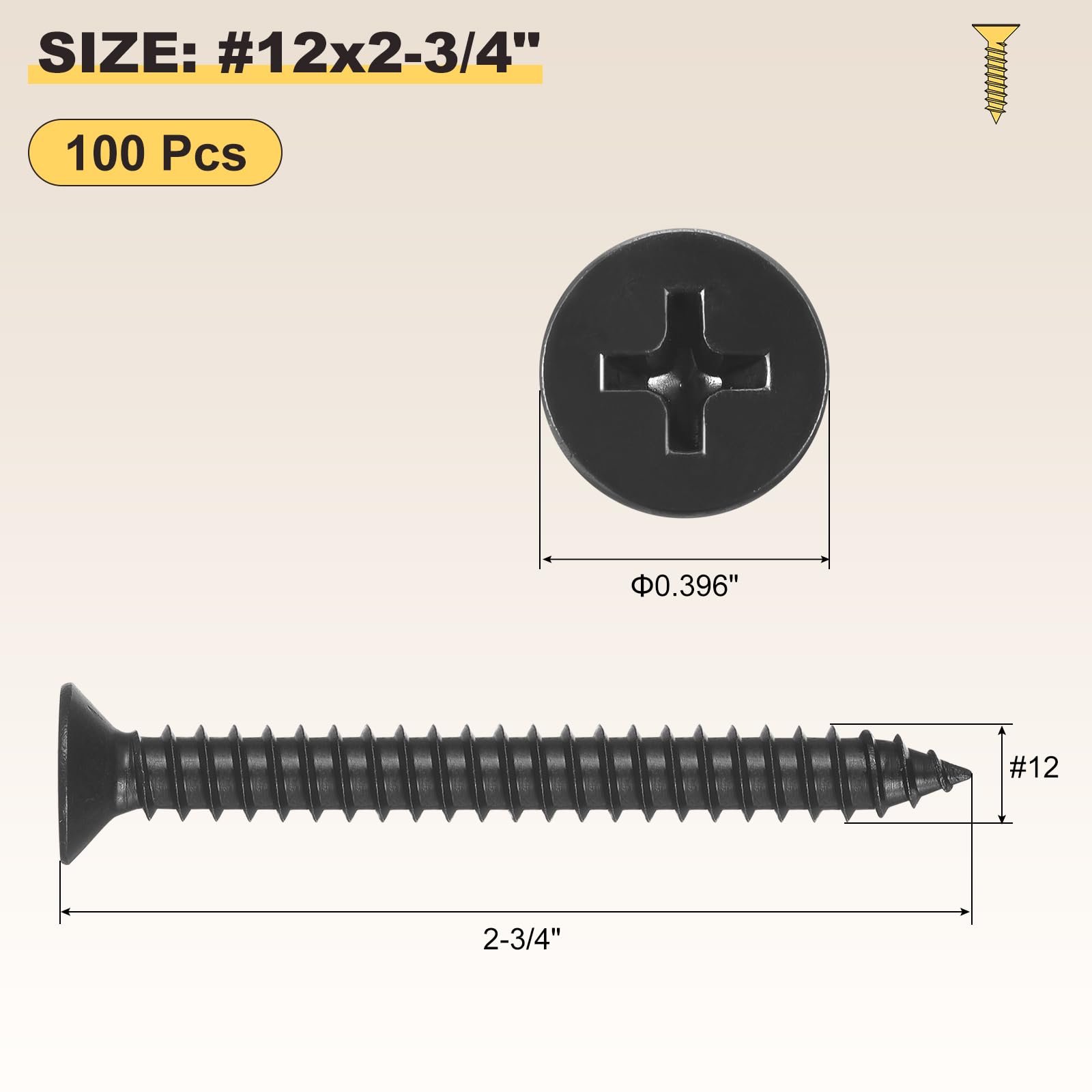 METALLIXITY Countersunk Phillips Wood Screw (#12x2-3/4") 100Pcs - Image 2