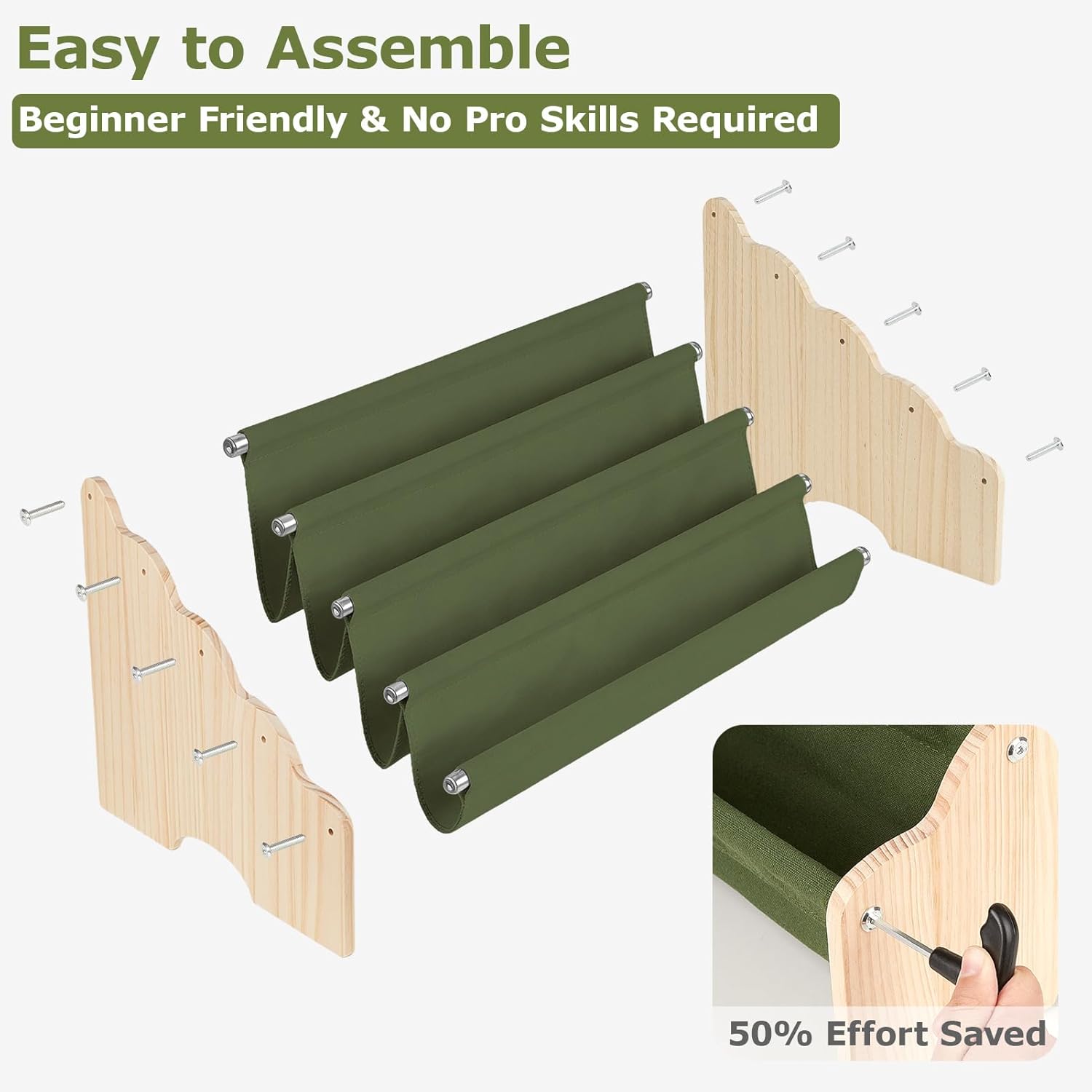 Kids Bookshelf for Toddlers, 4-Tier Solid Pine Wood Montessori Nursery Bookcase Large Capacity, Sling Book Rack Organizer with Wavy Safety Edges for Playroom Bedroom Classroom, Sage Green