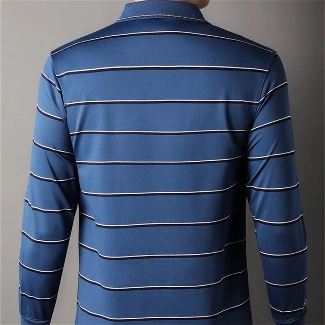 Polo a rayas para hombre, cuello vuelto, bolsillos, manga larga, suéter suelto