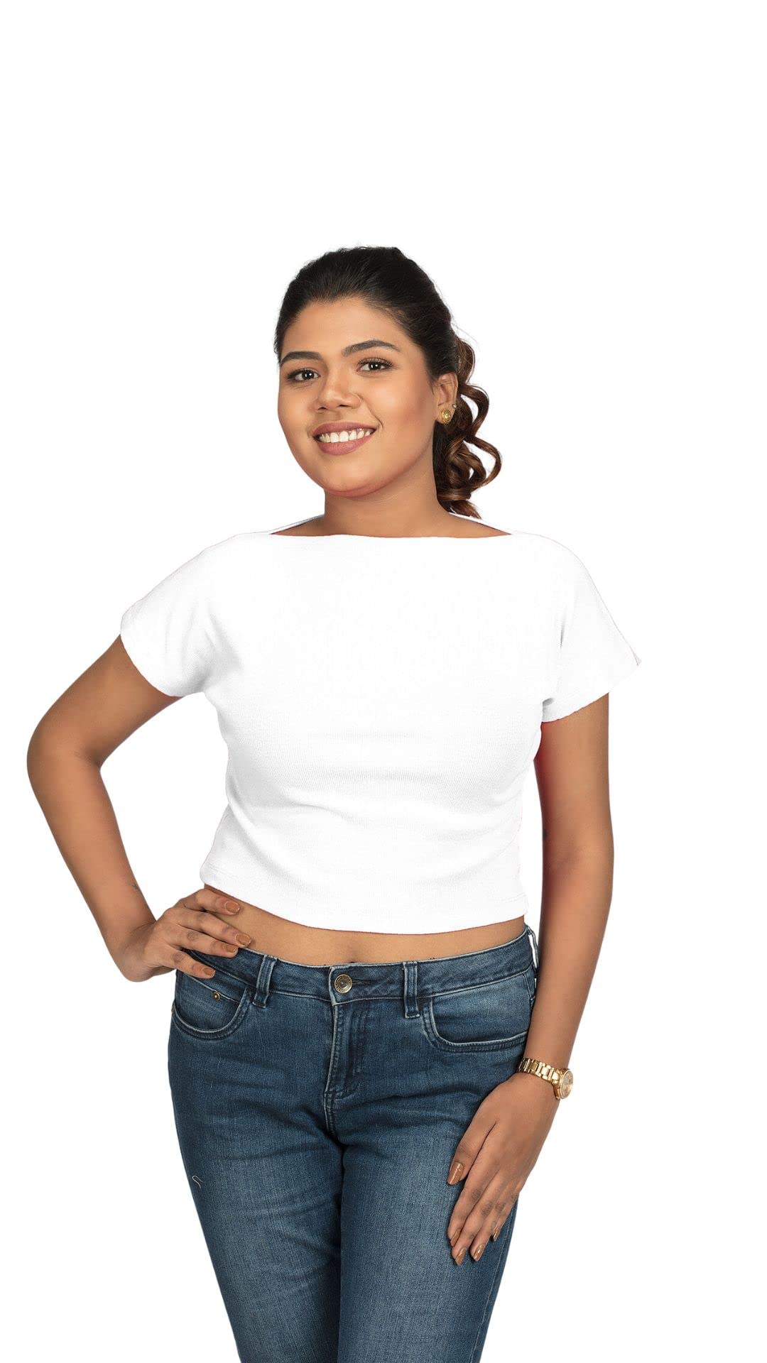 HABBADA FASHIONSPremium Readymade Cotton Lycra Women's Short Sleeve Crop Top/Blouse - Featuring Elegant Boat Neck Design for Women and Girls (Fits Free Size Range 32 to 42)
