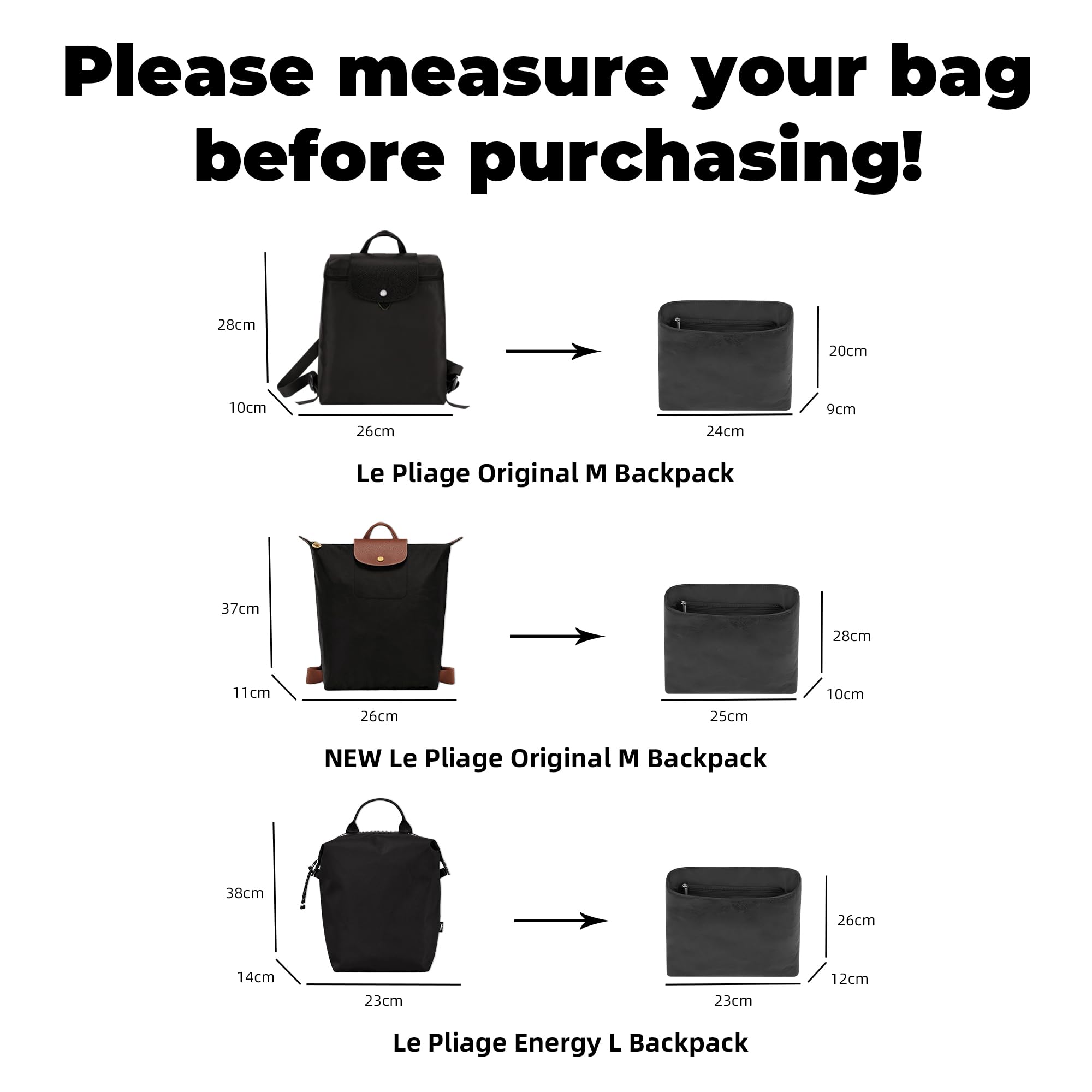 DGAZ Organizador para Longchamp Le Pliage Original M Backpack New, Noir