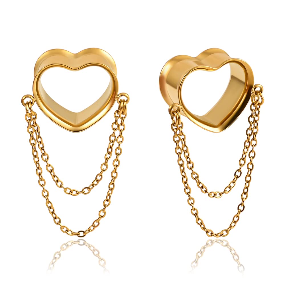 Vankula 2PCS Elegant Heart Chains Hypoallergenic Stainless Steel 0g 2g Plugs Ear Gauges Tunnels Piercing Expander Stretchers Fashion Body Jewelry