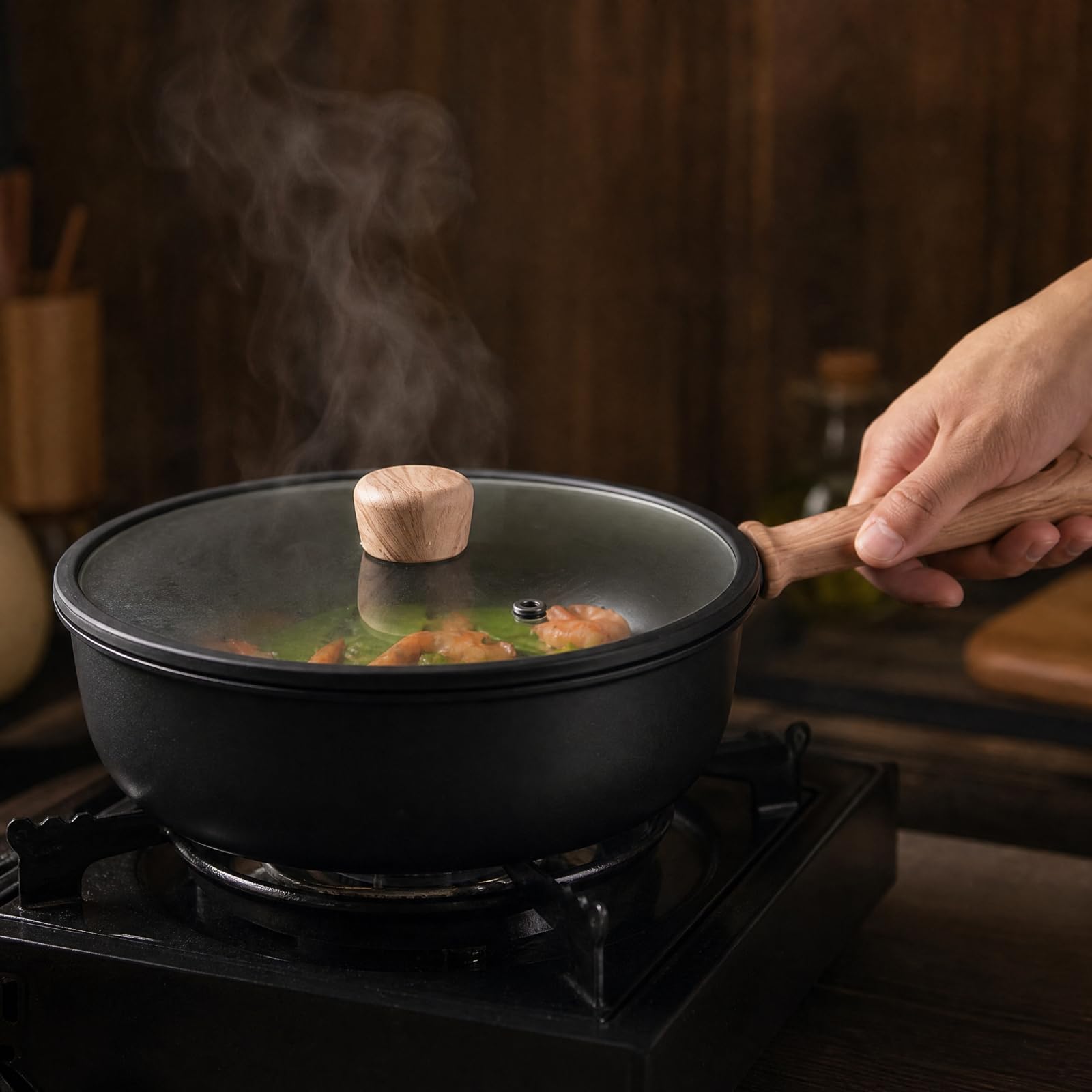 Wok con Manico Effetto Legno Resistente Al Pentola per Compatte, 30CM, Wok Con Coperchio
