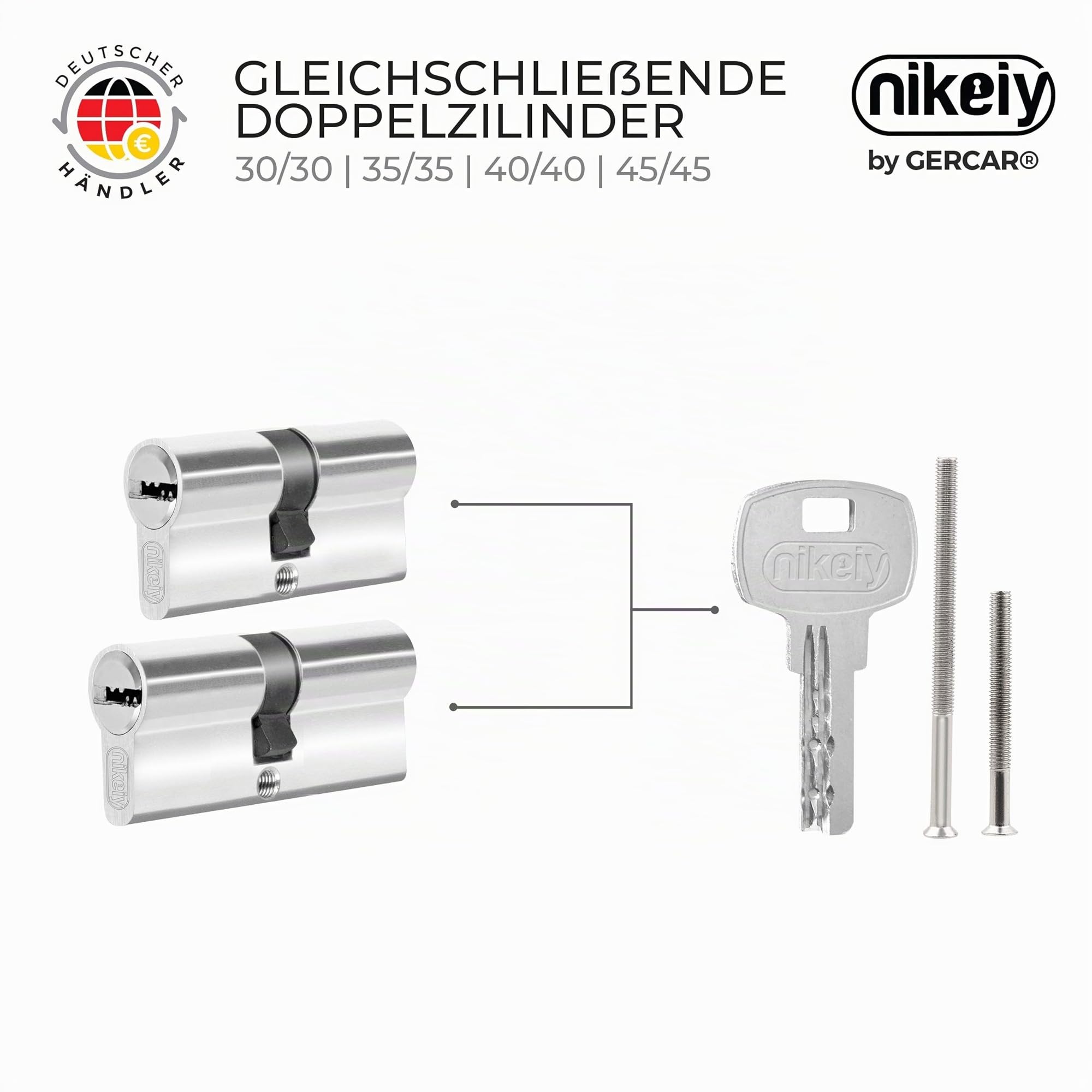 GERCAR Cylindre de serrure profilé 30/30 - Double cylindre - Avec 10 clés - Lot de 2 clés identiques - Longueur : 60 mm - A : 30 - B : 30 - Lot de 2.
