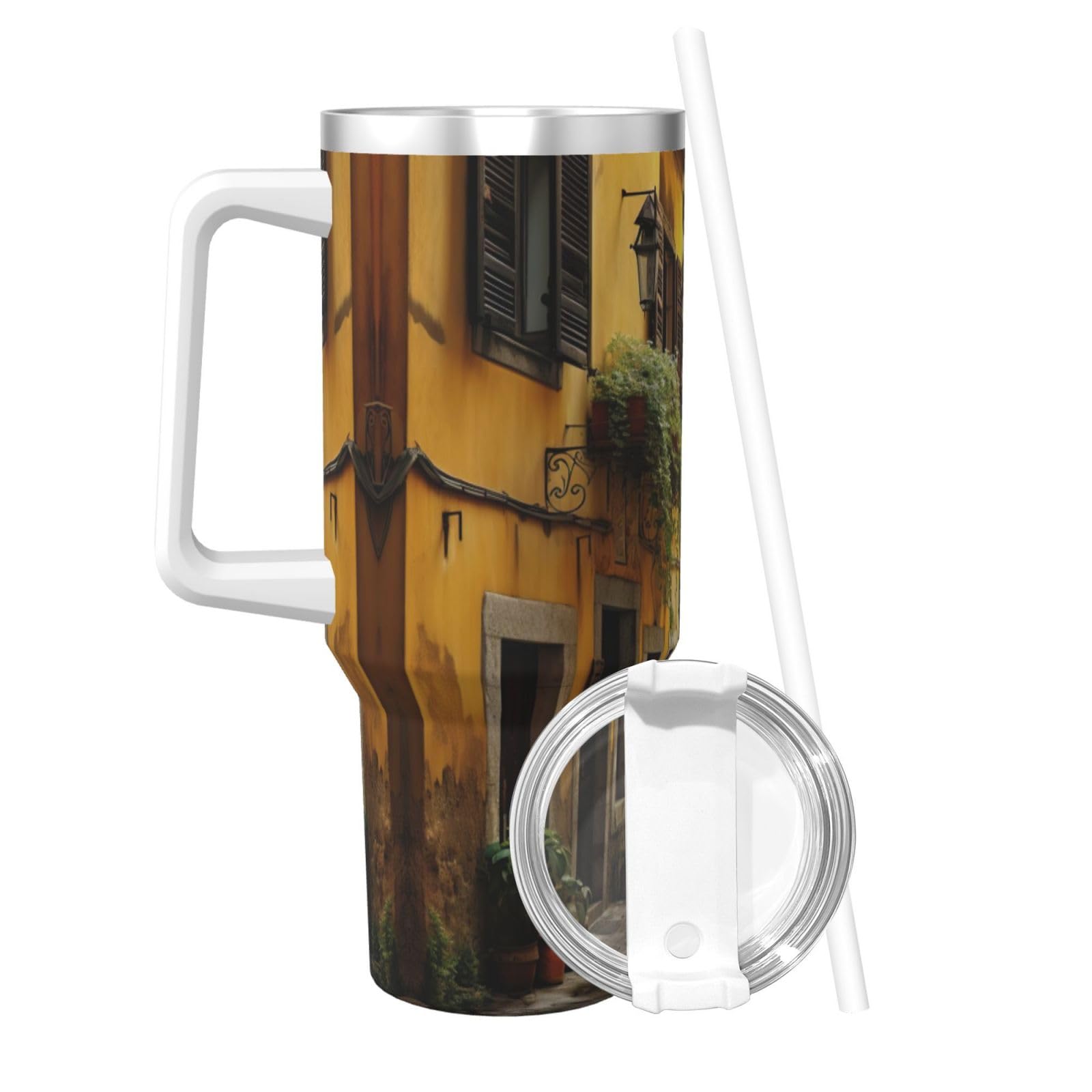 Italian Old Street Wasserflasche aus Edelstahl, doppelwandig, isoliert, mit Griff und Strohhalm-Deckel, 1,2 l
