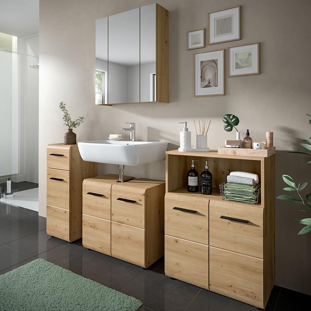 Lomadox Badezimmer Badmöbel-Set 4-teilig in Eiche, mit 2 Unterschränke, 1 Spiegelschrank mit 3D-Funktion & 1 Waschbeckenschrank