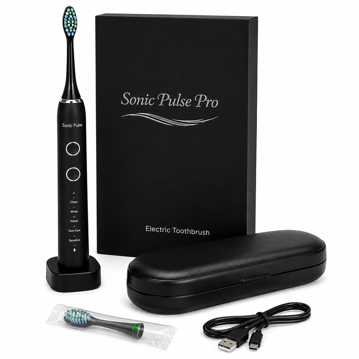 Rechargeable Sonic Toothbrush for Adults with USB Charging Base, Soft Bristles, 5 Cleaning Modes, 3 Intensity Levels, 60-Day Battery Life, IPX7 Waterproof, Black