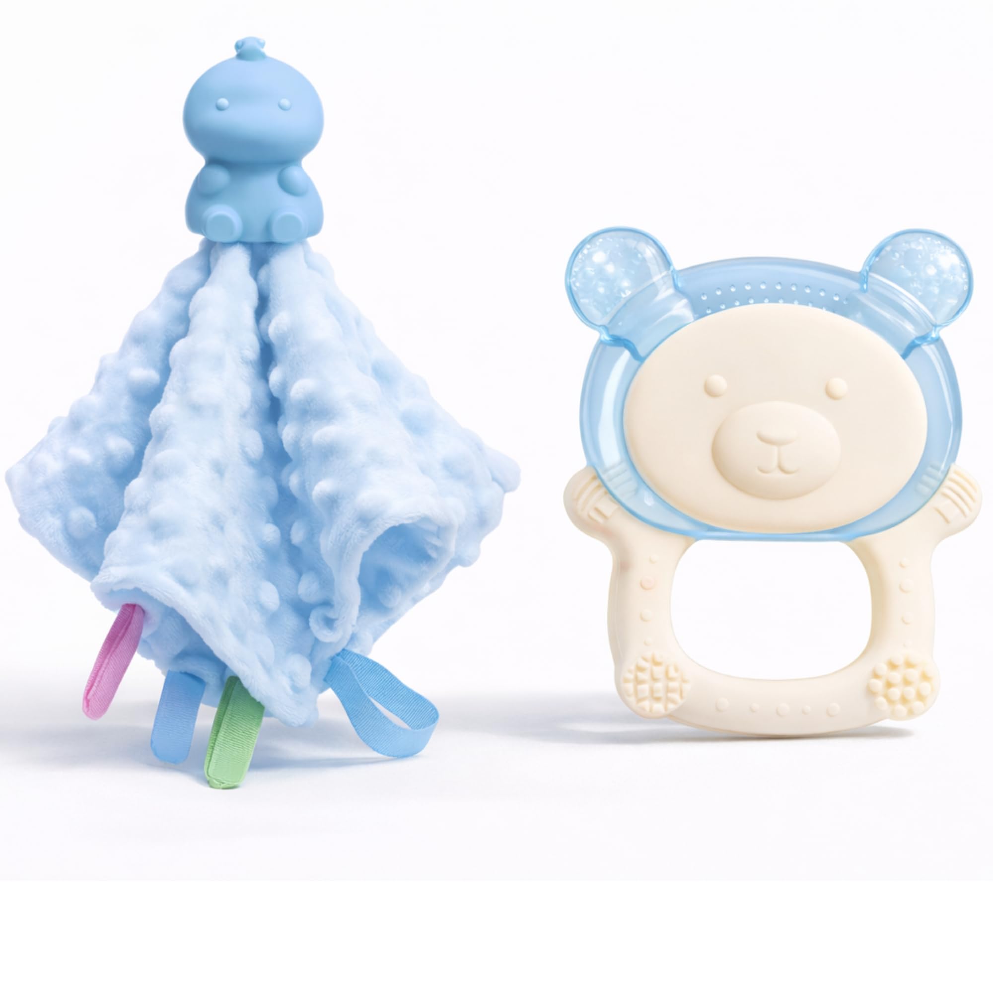Bloomรฉ Baby Teething Gift Set for Newborns โ Baby Security Blanket Comforter with Silicone Topper + Cooling Bear Teether Ring โ BPA Free Sensory Toy, (Yellow/Blue/Grey) (Birch Blue Set)