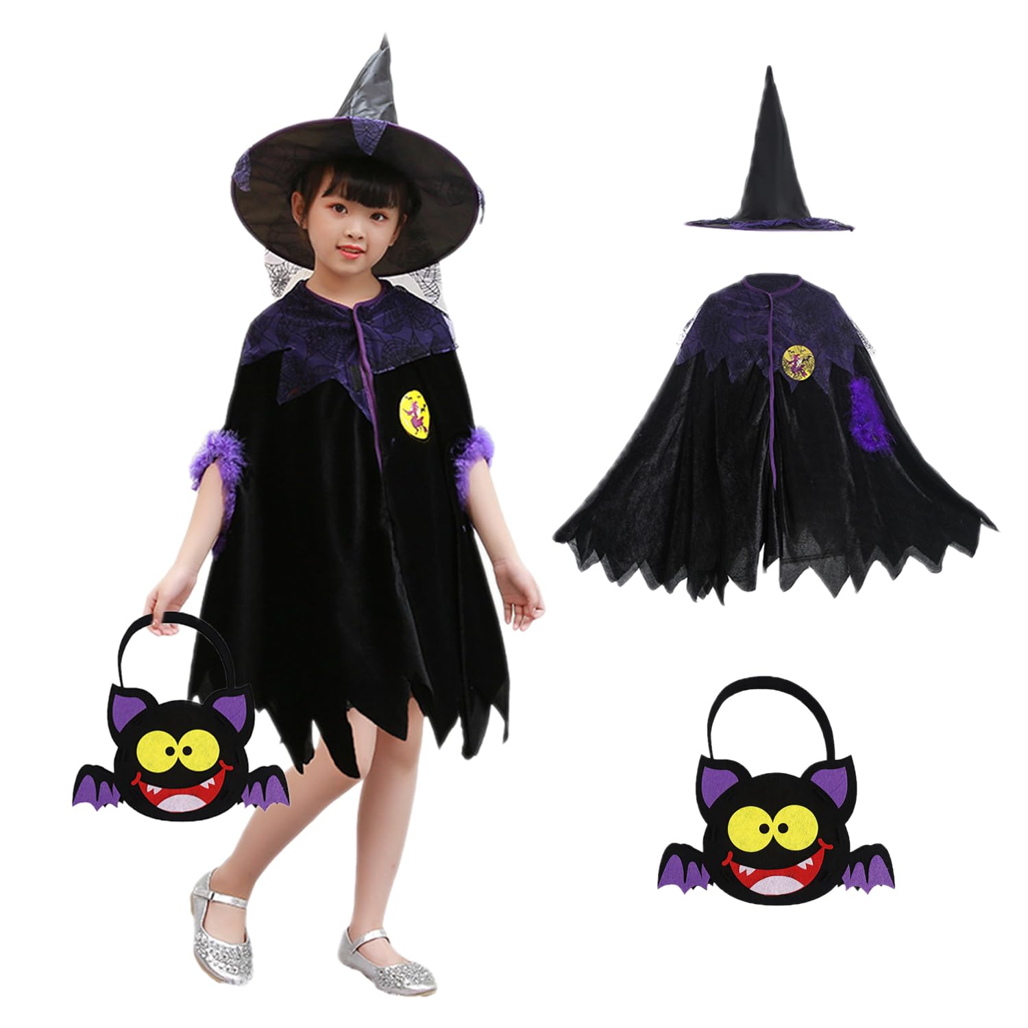 LKOIVNED Disfraz Bruja Niña, Disfraces Halloween Niño, Capa Bruja Negro Morado con Sombrero Bruja y Bolsa Halloween para Halloween Cosplay Fiesta de Carnaval 3-10 años 100-140cm