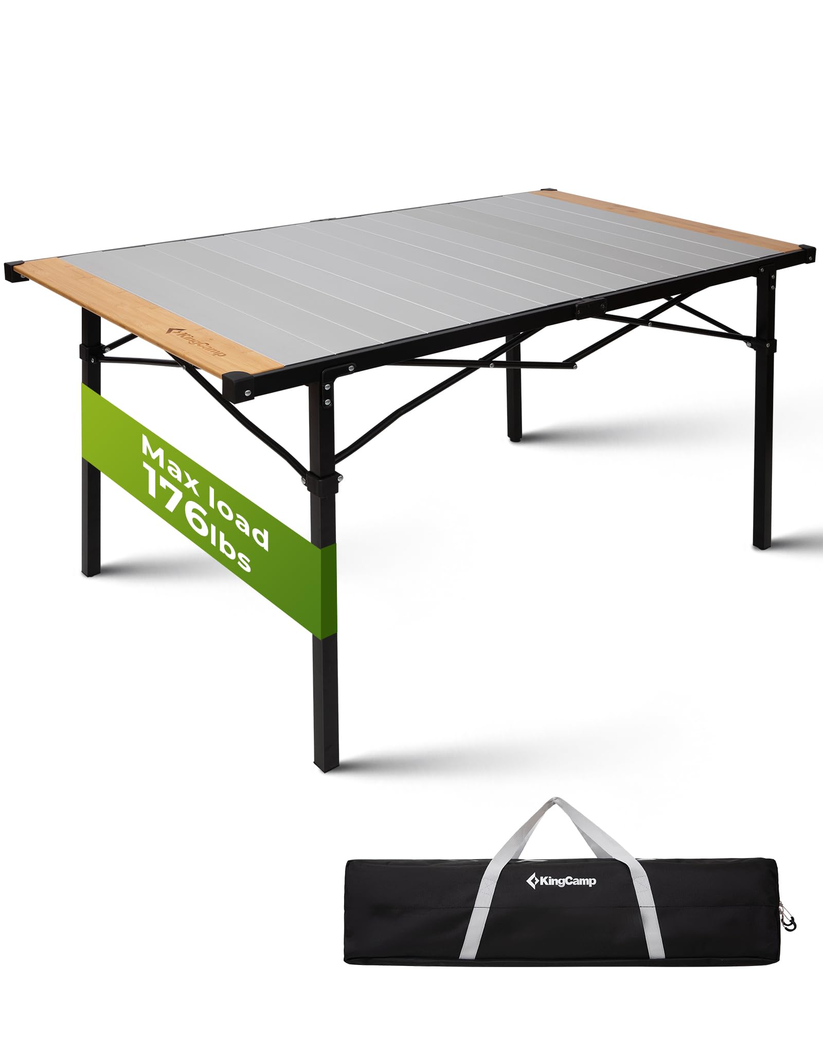 KingCamp - Mesa de camping plegable con marco de aluminio - Superficie enrollable (136 x 70 cm) para 4 a 6 personas - Mesa de camping plegable con bolsa de transporte - Carga máxima: 80 kg - Plateado