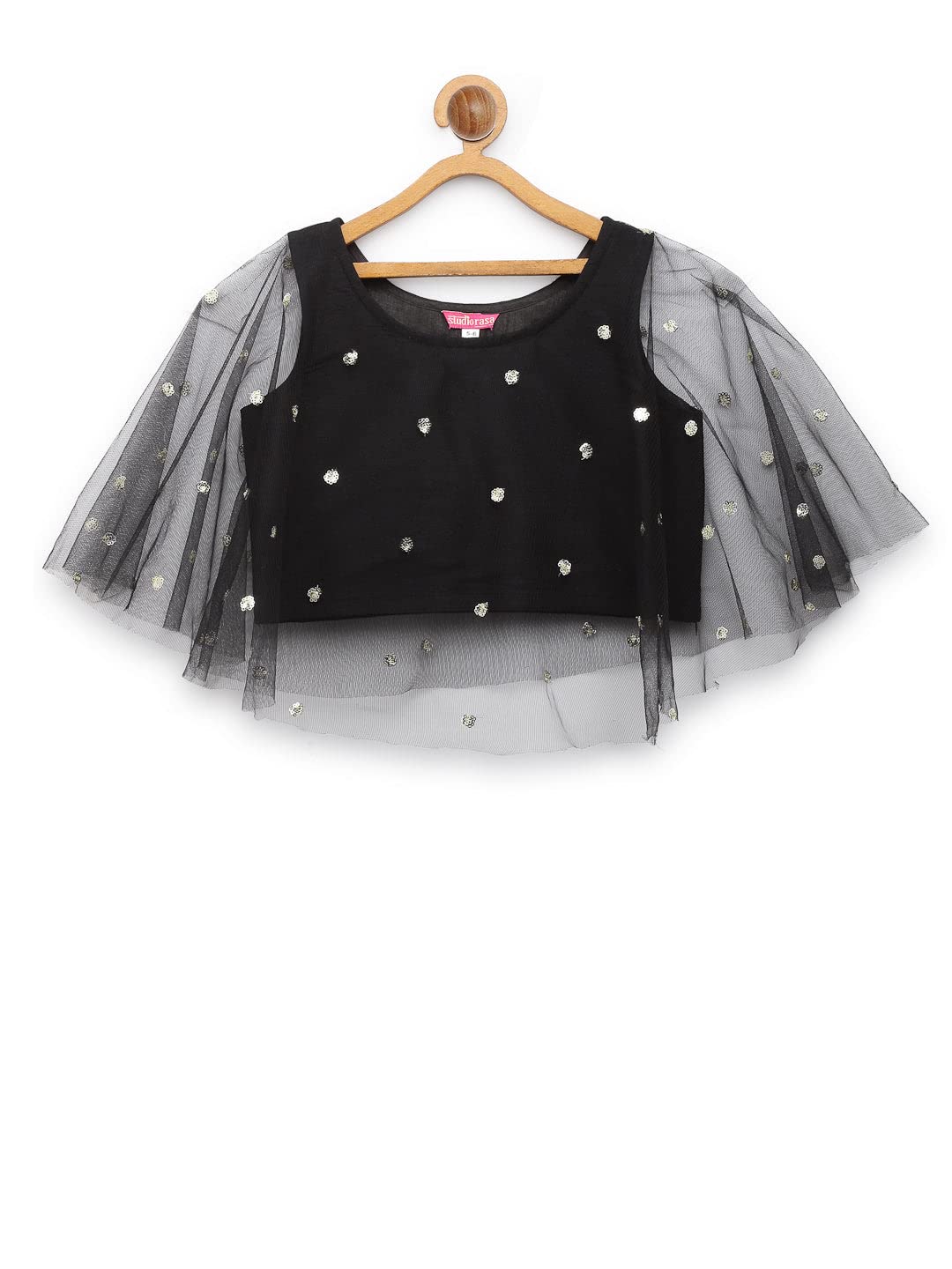 studio rasa Kids Girls Net Sequins Embroidered Cape Top for Festive Wedding (GTC12214/3-4_Black_3-4Y) 3