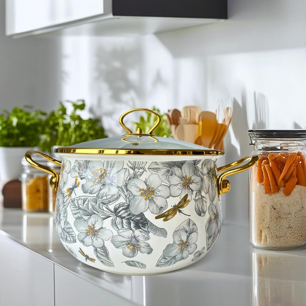 Enamel Stockpot with Lid,Soup Pot with Ceramic Coating, Nonstick Ceramic Cooking Pot, Induction Compatible Stockpot for Gumbo, Stew, Boil, Pasta,Sauce All Stove Compatible,5.5L