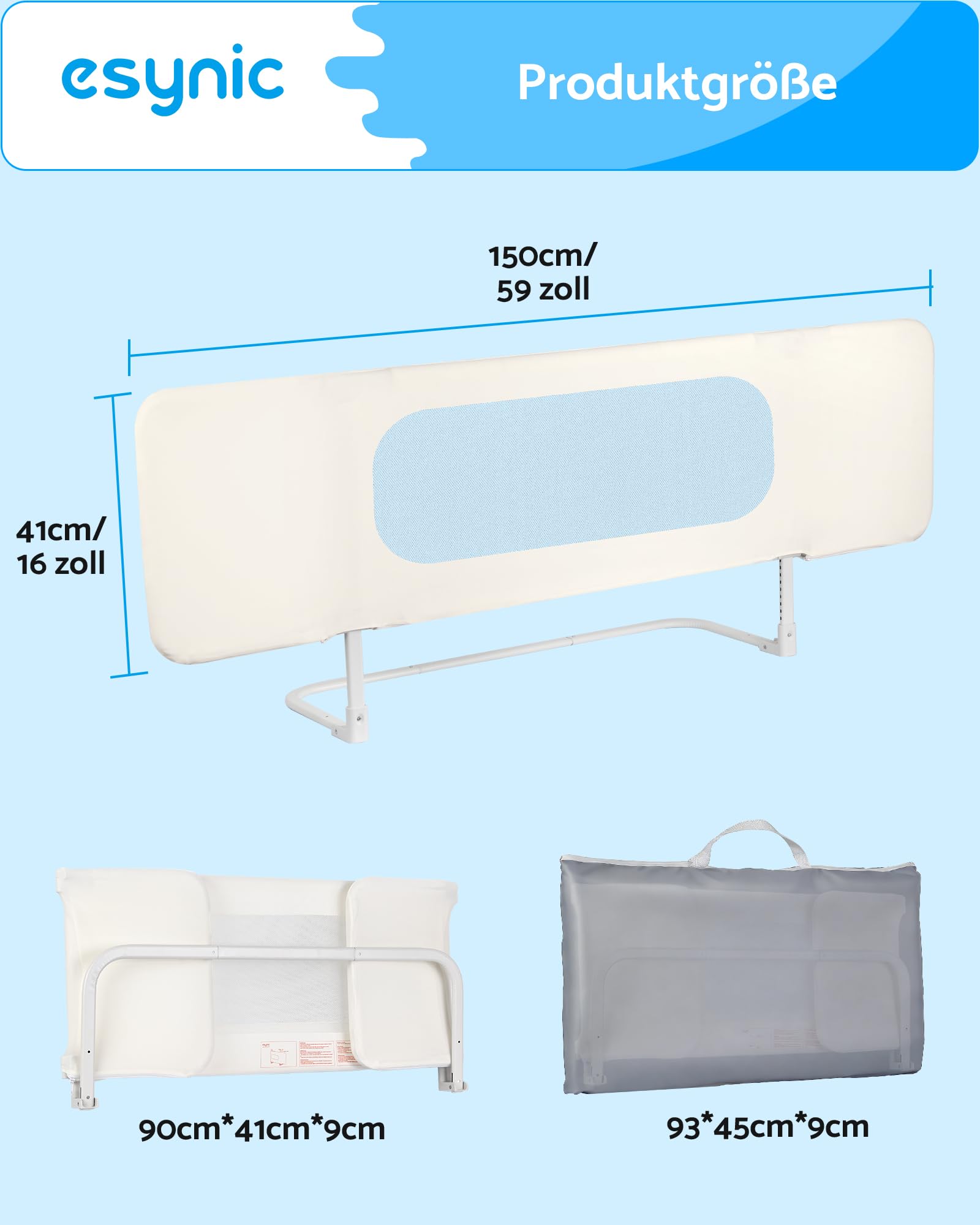 eSynic Tragbares Bettschutzgitter 150 cm Cremeweiß Bettgitter Mobiler Rausfallschutz für Kinder & Kleinkinder Höhenverstellbares Babybettgitter Familienbett Doppelbett Hotelbett für Zuhause & Reisen