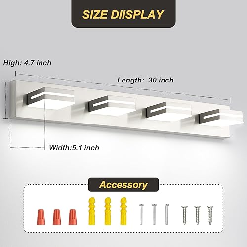 Miniatura 5 de OKELI 4 luces de tocador de baño de níquel cepillado LED regulable luz sobre espejo moderno accesorio de iluminación montado en la pared, cabezal de