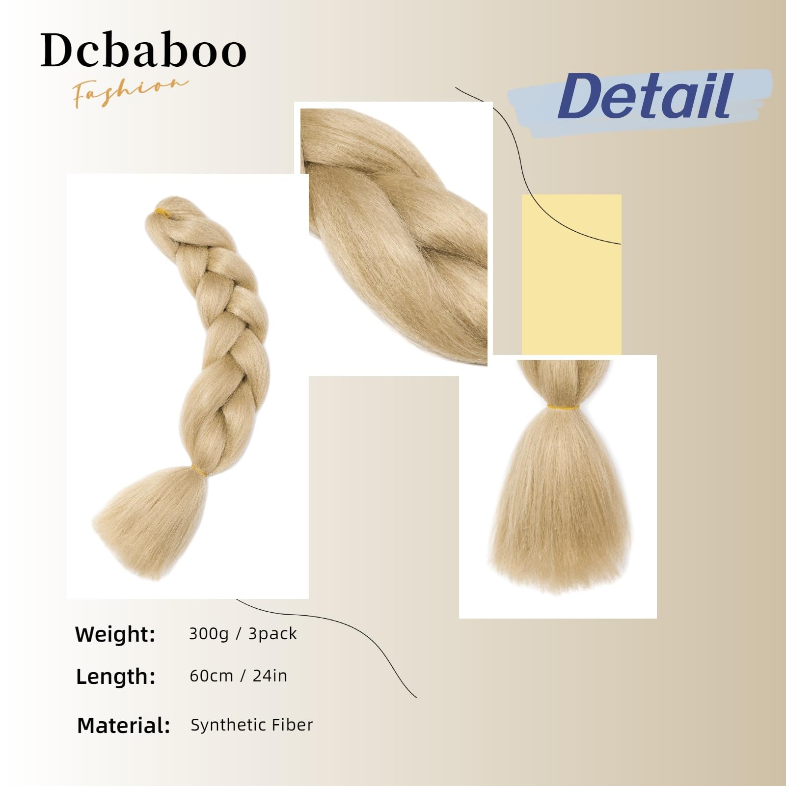Dcbaboo Jumbo Braiding Hair Extensions 3 Packs 24 Inch Synthetic Kanekalon Ombre Afro Crochet Braids Twist 300g, Natural Blonde - Image 2