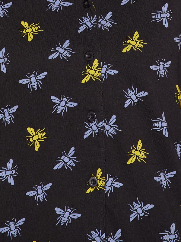 Image of Clovia Women's Cotton Printed Button Me Up Shirt & Pyjama Set in Black