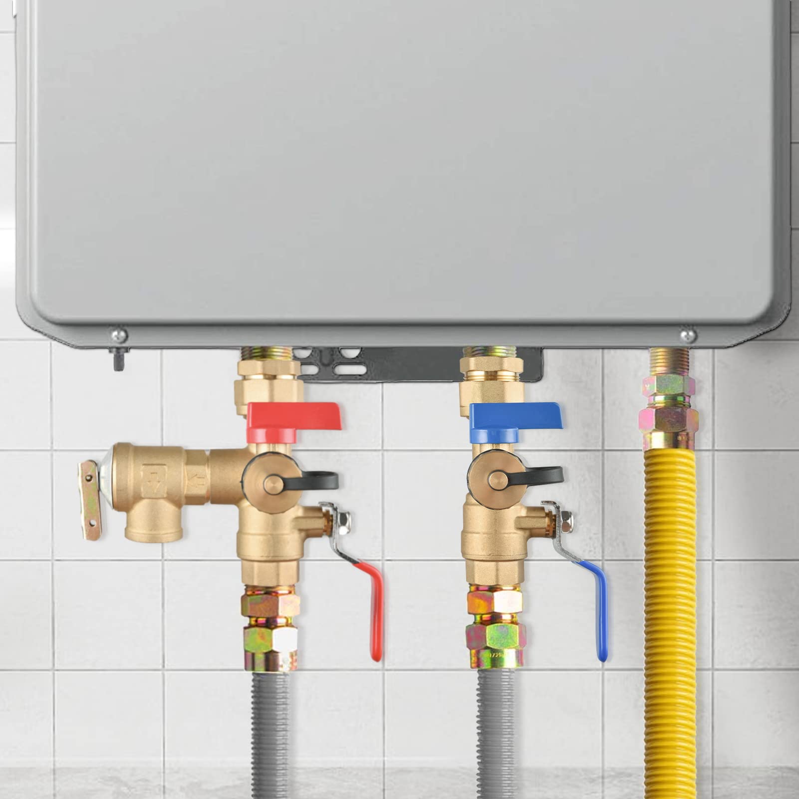 Kit valvola di servizio per scaldabagno IPS da 0,75" senza serbatoio con valvola di sfiato | Kit completo di valvole IPS da 0,75" con valvole di isolamento caldo e freddo, valvola limitatrice di pressione e nastro PTFE