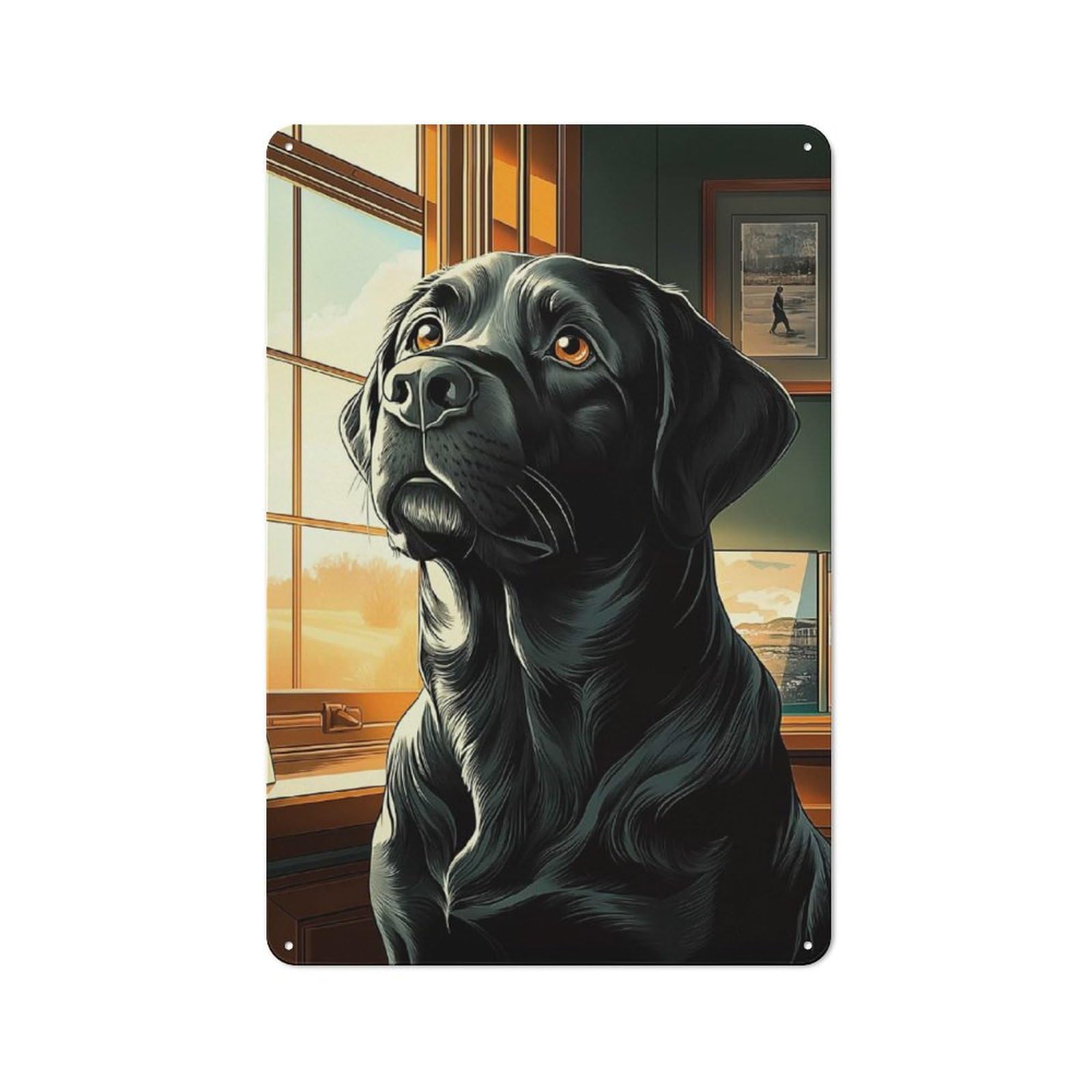 Junmoney Black Labrador By Window Classic Metal Wall Plaque 30X20cm Featuring Creative Space Decor For Workspace, Cafe, Shop Or Desk Area