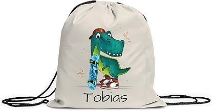 LOOXIS Personalisierter Turnbeutel für Kinder mit Namen & Motiv bedruckt – Kordelzug, Leinenhaptik – Geschenkidee Jungen, Mädchen, Einschulung, Sport, Spielzeugsack, Wechselkleidung – Skater T-Rex