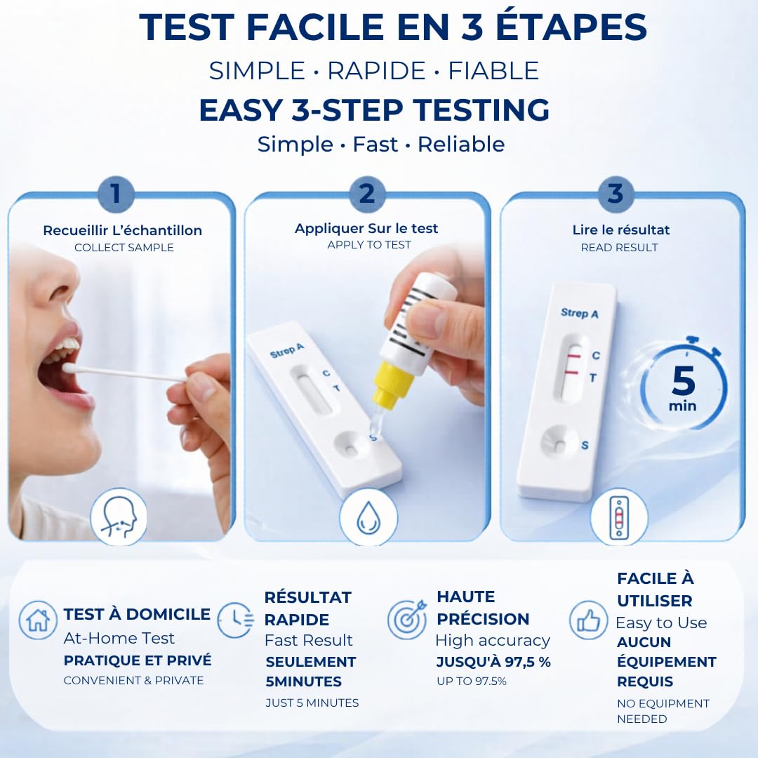 Strep A Antigen Home Test – Autotest Rapide pour Détection du Streptocoque A – Résultats Fiables en 5 Minutes – Haute Précision 97,5% – Certifié CE 0344 – Kit Facile à Utiliser à Domicile