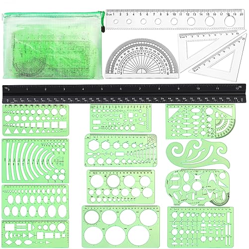 18 Pcs Geometric Drawings Templates, Drawing Stencils, Ruler Set, Circle Template for Drawing, Drafting Tools with a Storage Bag for Architecture, Studying, Office, Designing