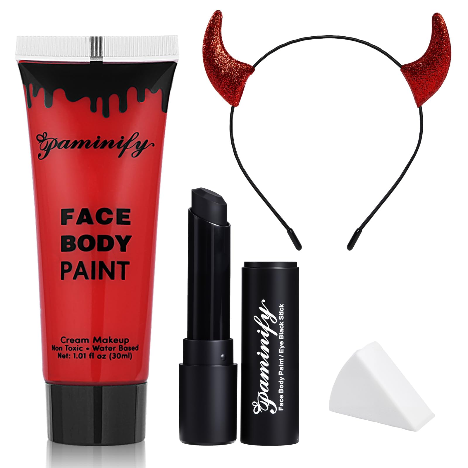 Paminify Red Face Paint Halloween Makeup Kit,Devil Horns Headband for Women,1.01oz Water-Based Red Body Paint+Black Lipstick+Sponge+Devil Glitter Headband,Cream Face Paint Stick for Costume