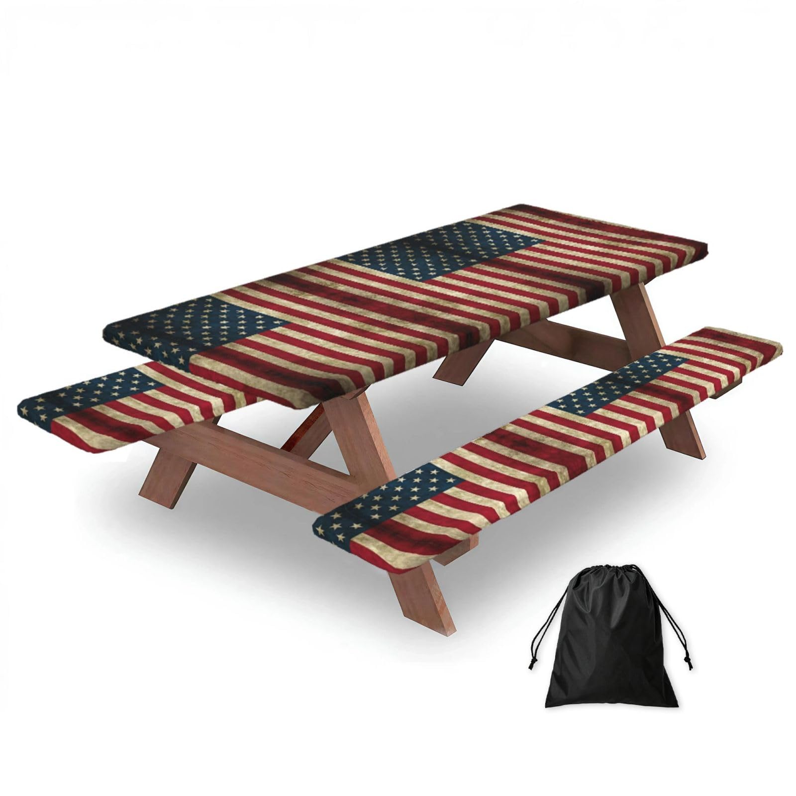 Yqxwjl Black American Flag Print Camping Essentials Waterproof Camping Table And Bench Cover With Drawstring Bag 183 Cm