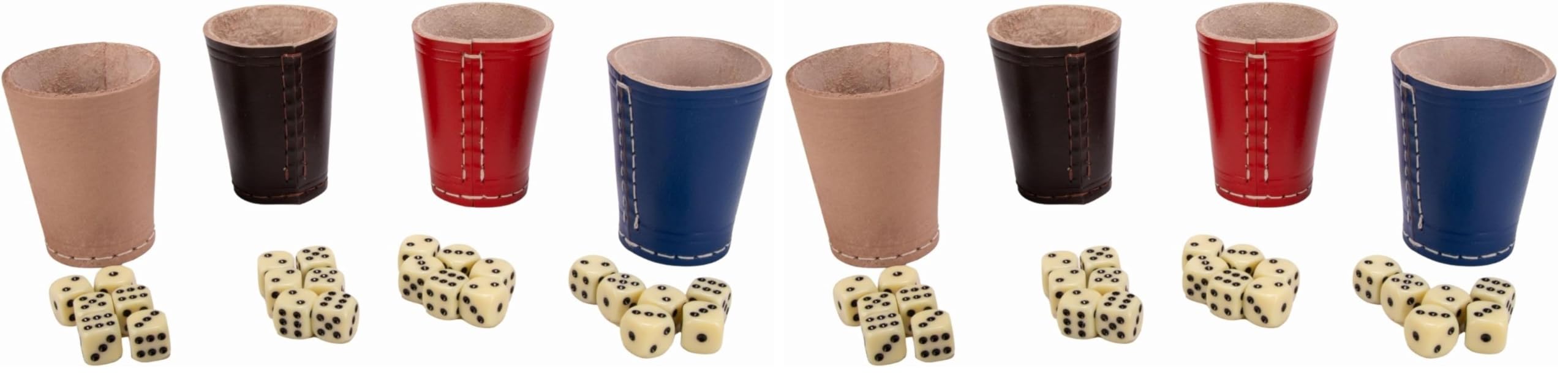 GICO Leder Würfelbecher Standard (9 cm) mit 6 Würfeln im 4er Set bunt - 5908 (Packung mit 2)