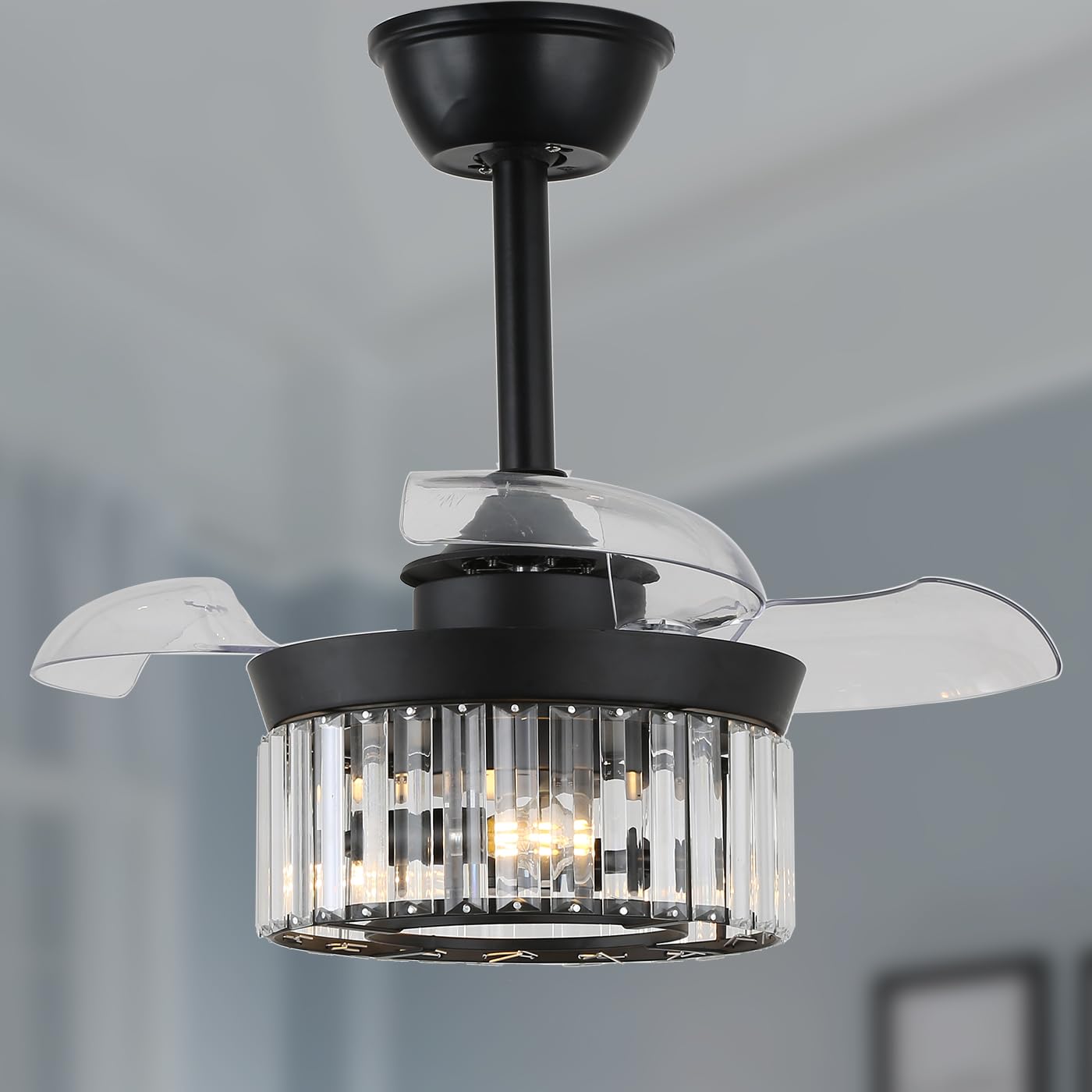 22" Small Modern Crystal Ceiling Fan with Lights and Remote Control, Industrial Chandelier Fan with Retractable Blades, Reversible Fandelier for Bedroom Dining Room, Black