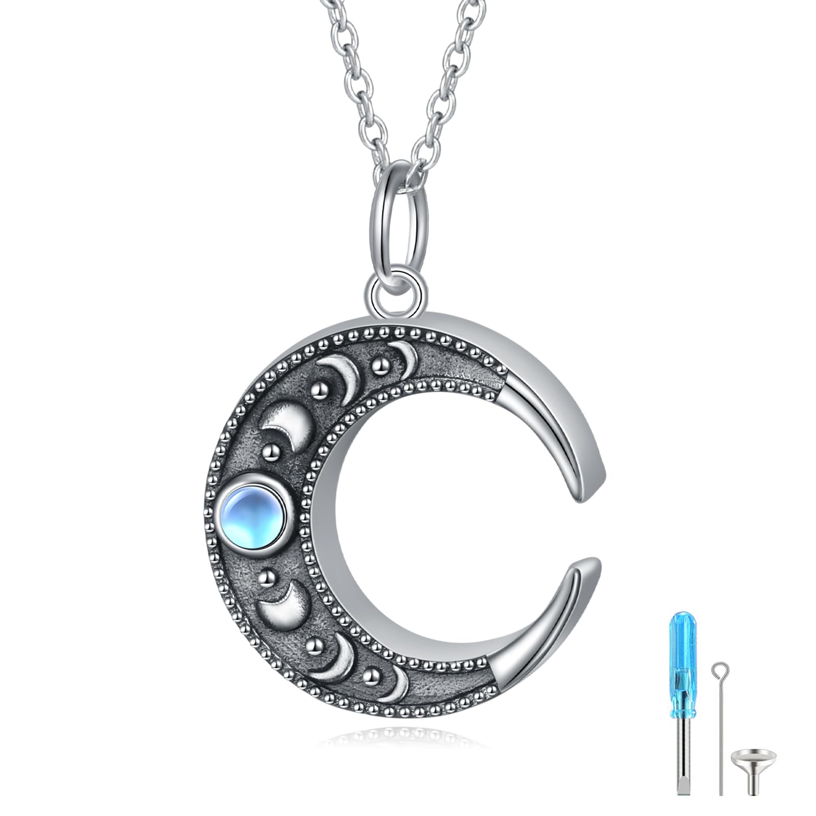 Mondstein Urn Halskette für Asche 925 Sterling Silber überzogene Halbmond Phase Halskette Mond Phase Charm Kreis Mond Anhänger Halskette für Frauen Mond Schmuck Asche Andenken Anhänger Memorial
