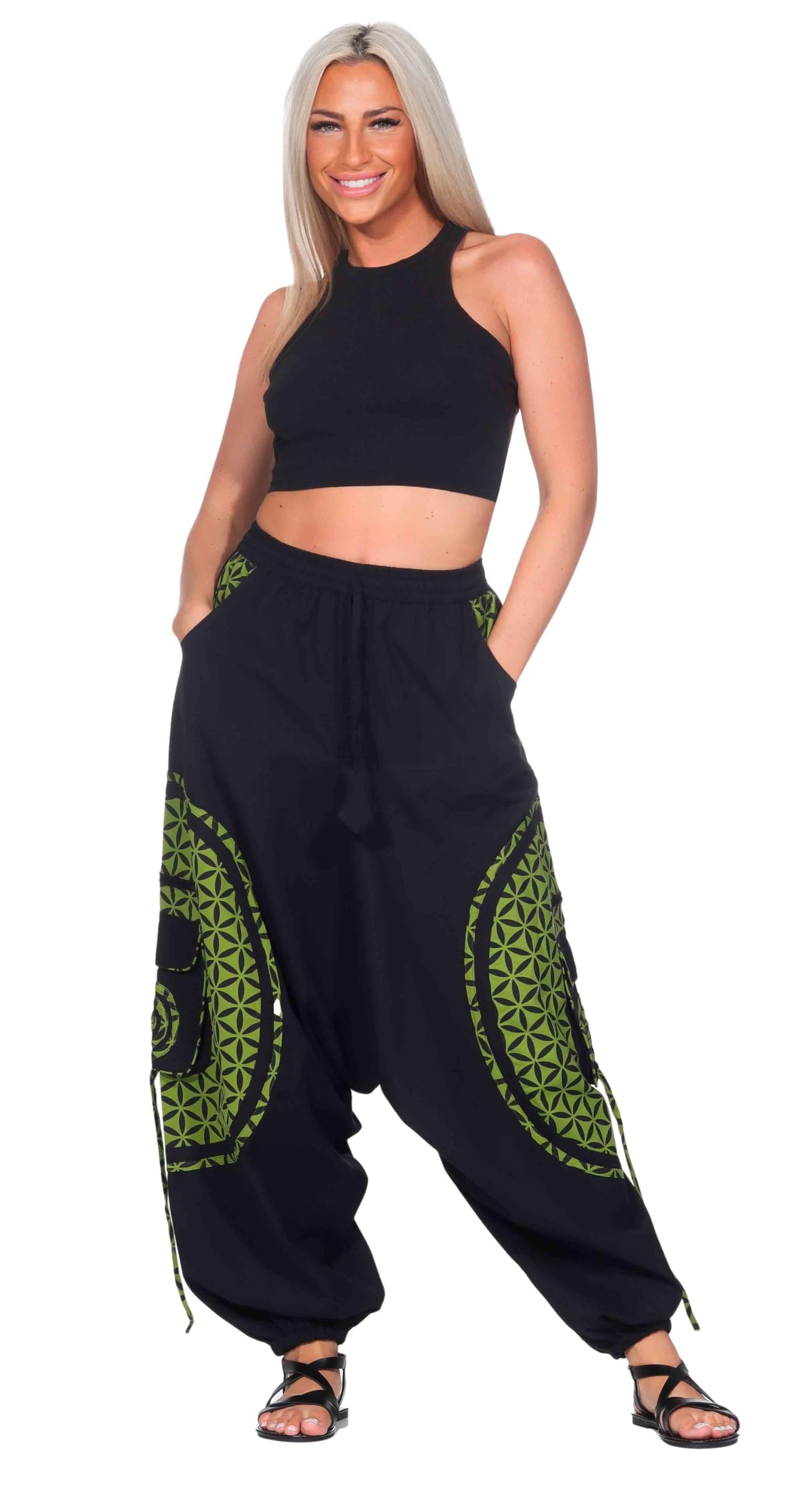 KUNST UND MAGIE Pantaloni Harem alla moda con motivo colorato Goa Hippie nero/limone. XXXXL
