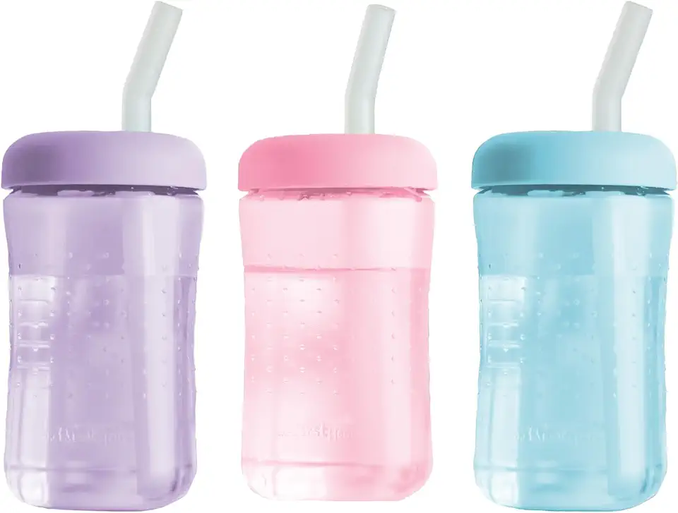 The First Years Squeeze & Sip Toddler Straw Cups - Squeezable Transition Sippy Cup with Silicone Straw - Toddler Feeding Supplies - Pink/Purple/Blue - 7 Oz - 3 Count - Ages 6 Months and Up