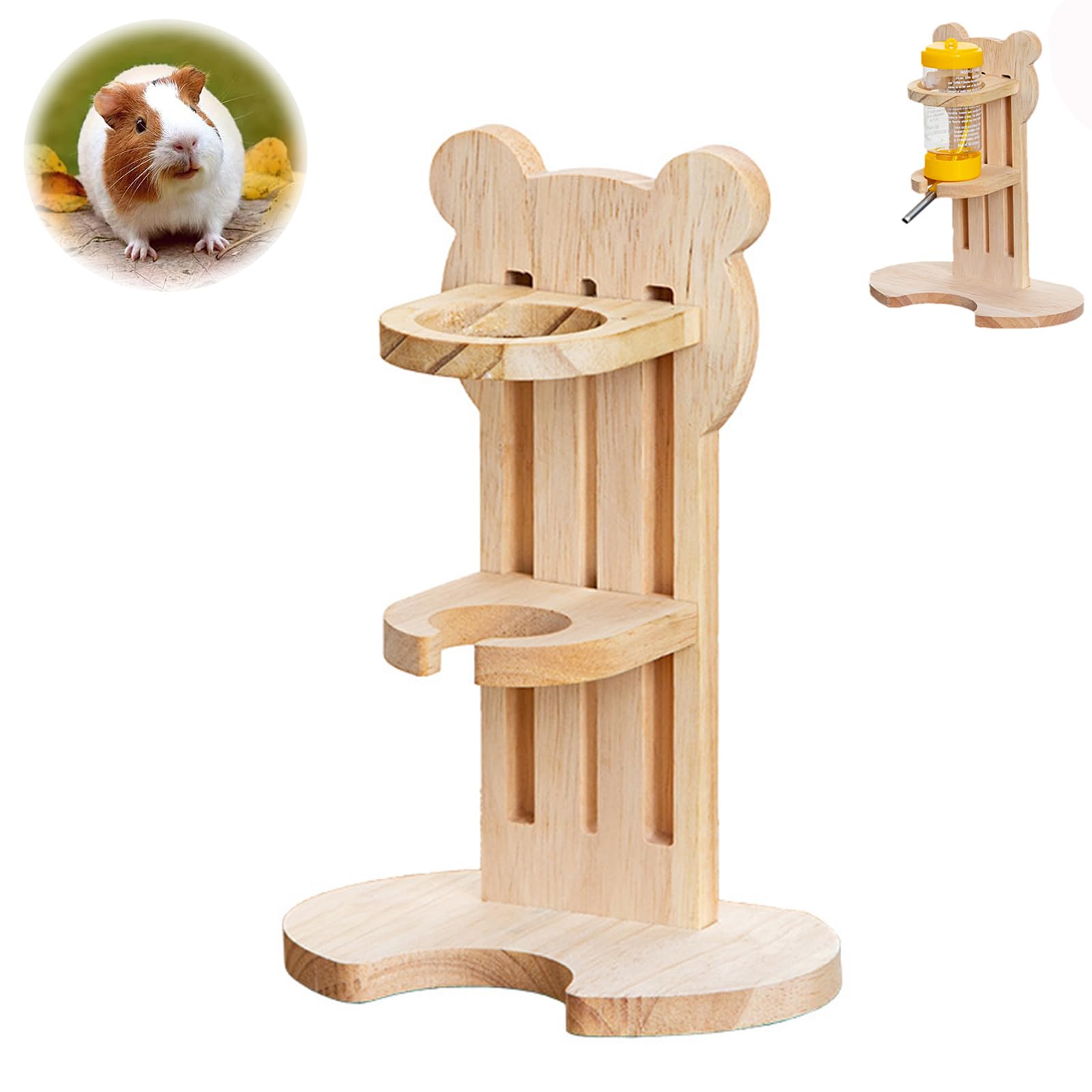 Docache Hamster Drinking Bottle Set, 1 Hamster Drinking Bottle and 1 x Hamster Drinking Holder Solid Wood Bear for Hamsters, Guinea Pigs and Chinchillas for Drinking Water (80ml)