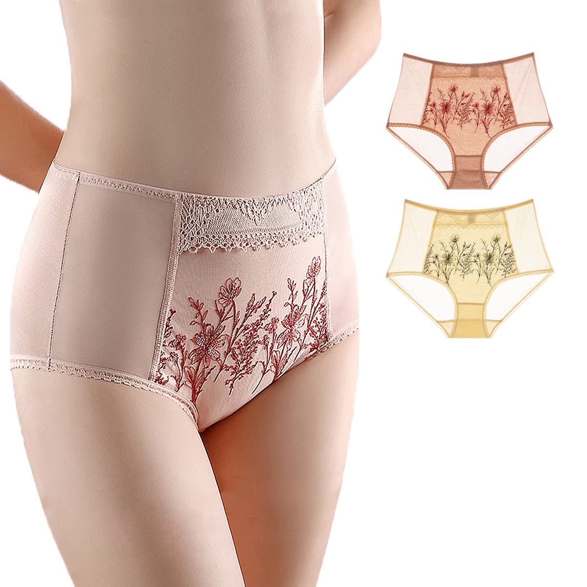 Xiang Yi MeiWomen's Mulberry Silk Underwear high waisted panties, Gift Box,2-Pack, light yellow+light brown