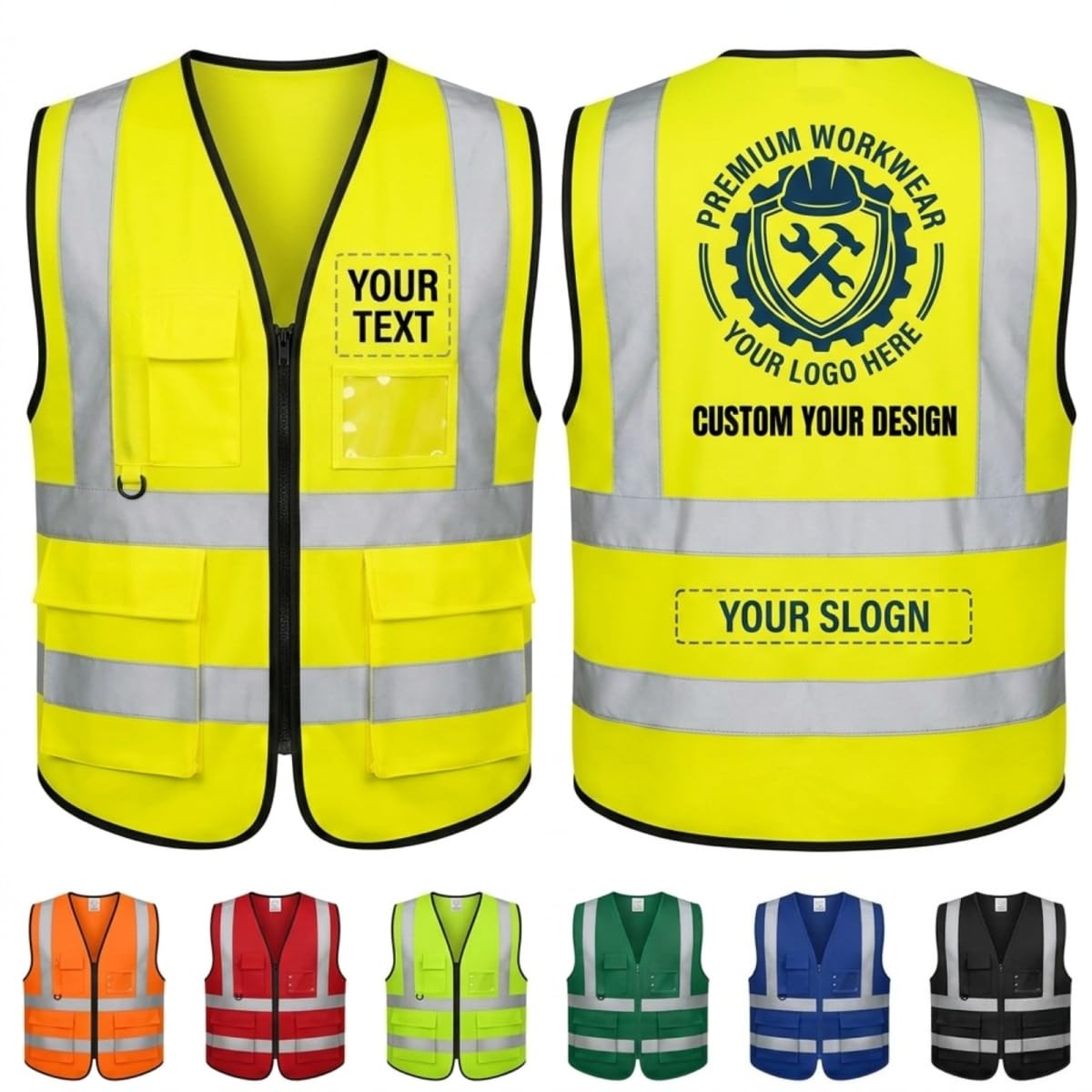 Customised High Visibility Safety Vest for Construction – Hi Vis Waistcoat with Zip, 50MM Reflective Strips, 3 Pockets + ID & Pen Holder – Personalised Workwear YELLO-XL