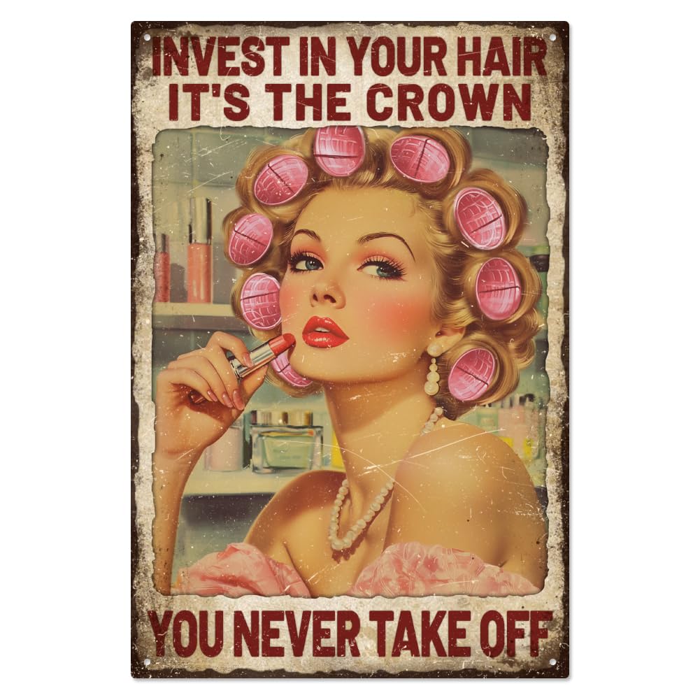 WADORN Vintage Salon Hairdresser Pin Up Lady Metal Tin Sign, 7.8x11.8 Inch Funny Retro Barber Shop Tin Sign Hairstylist Woman Invest In Your Hair Wall Art Poster Plaque Decor for Garage Cafe Club Home