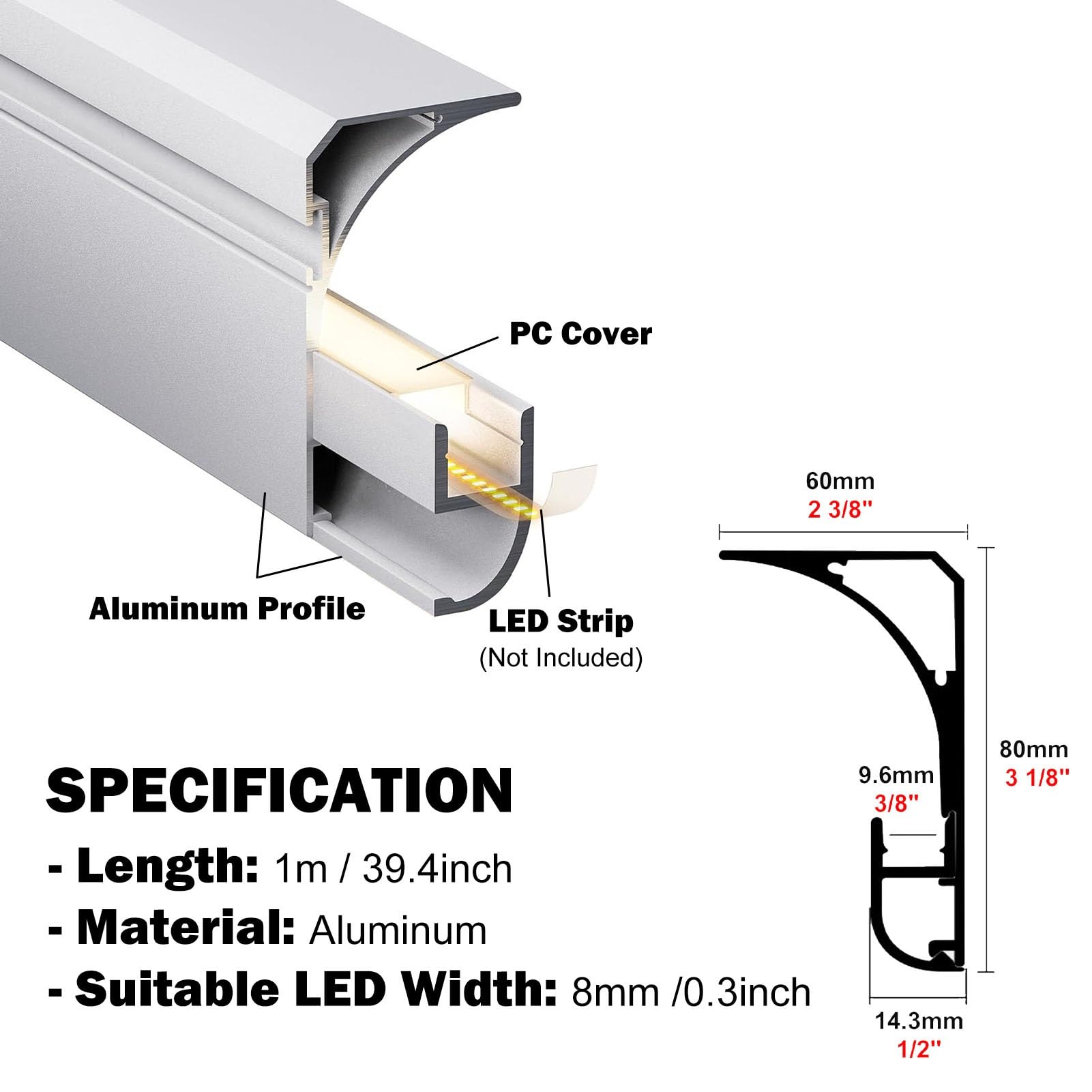 Profil aluminiowy do taśm LED, Profil aluminiowy Listwa koronowa Kanał LED pod szafką Oświetlenie teatralne Świecąca listwa przypodłogowa Instalacja w wielu rozmiarach(24m/78.7ft)