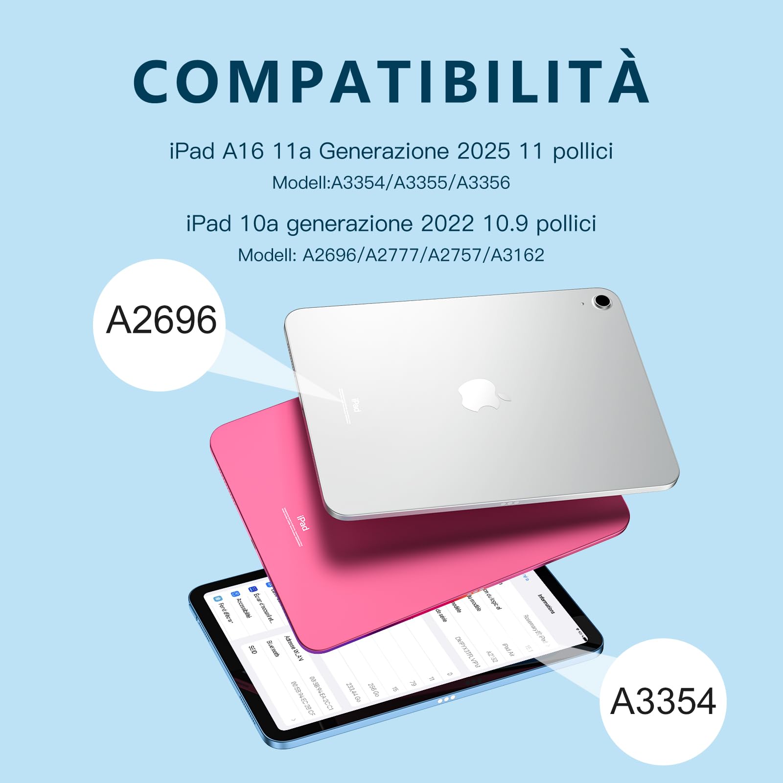 Vobafe Tastiera iPad 10 Generazione 10.9 Pollici 2022, Cover con Tastiera Rimovibile iPad A16 11 Gen 2025 con Trackpad, Italiano QWERTY con 7 Colori Illuminato, Custodia con Portapenna,Blu chiaro