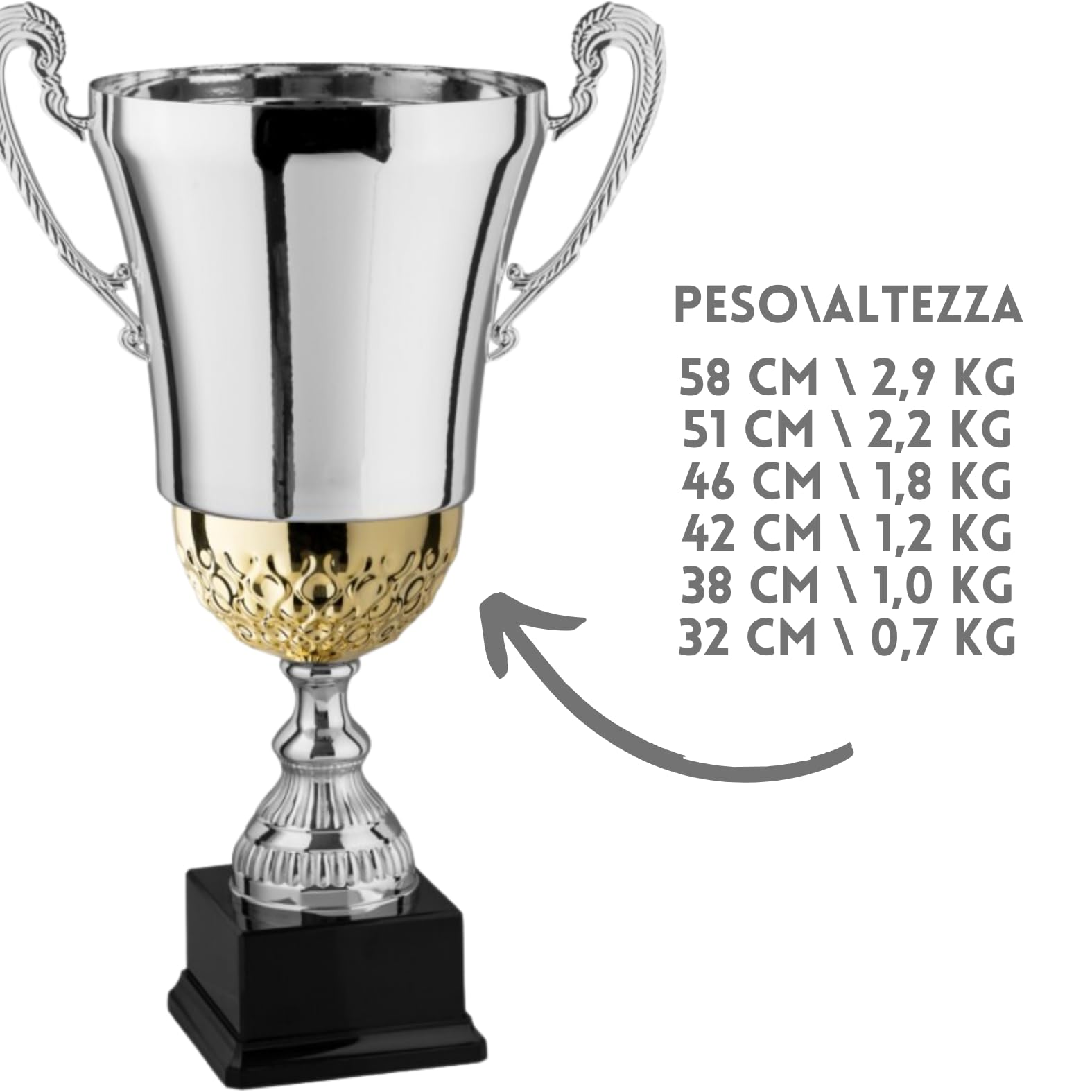 Premiazioni Personalizzate di qualità con Manici e Inserto Oro, Coppa Trofeo Personalizzabile per Eventi e Fantacalcio, Calcio, Padel. Coppe e Trofei Varie Misure