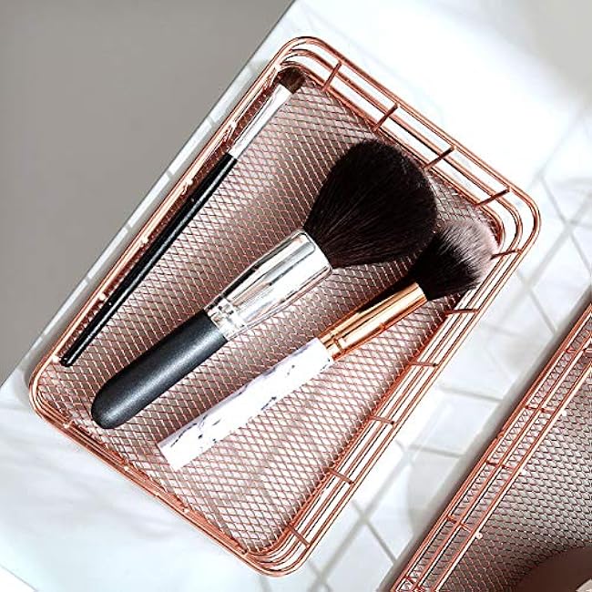 2 Pcs Iron Wire Storage Baskets Rose Gold Small Desktop Organizer Basket Container Farmhouse Metal Basket Storage Bin Desktop Holder Tray for Cosmetic Stationery Magazines Snacks Home School Office(L)