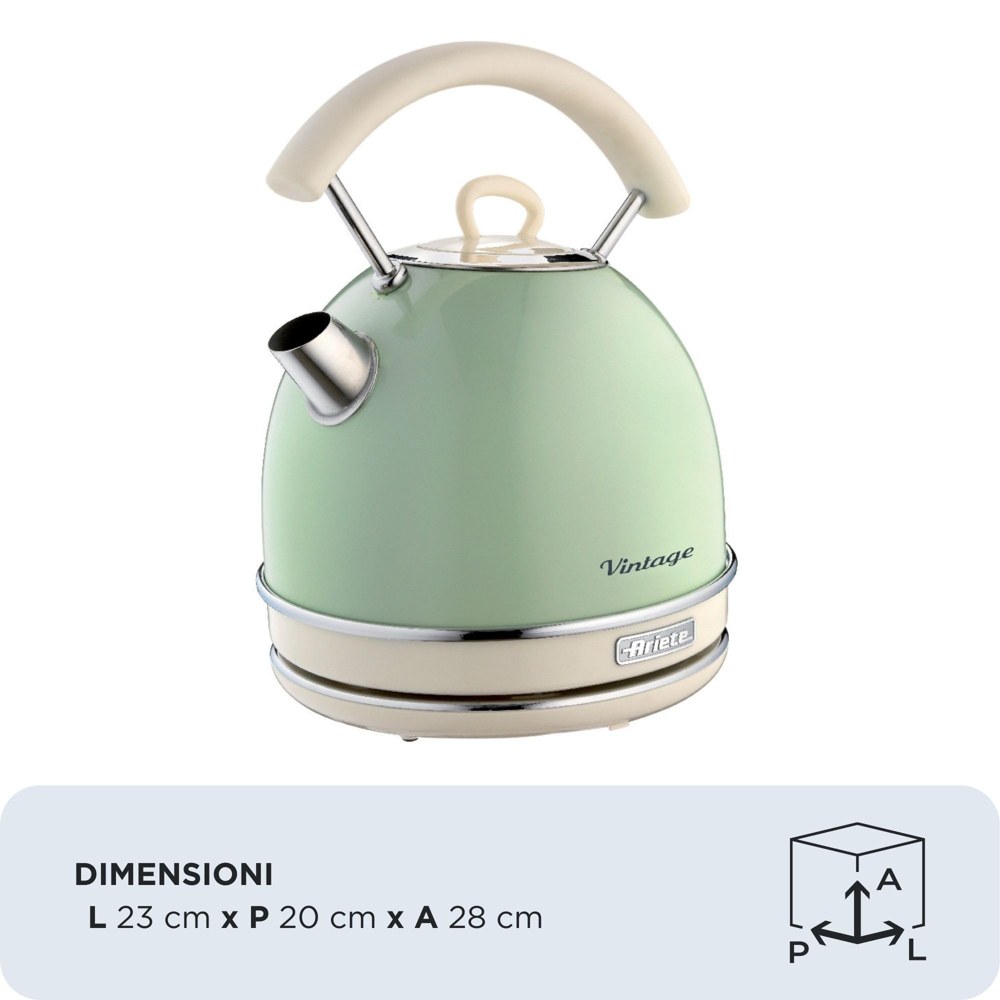 Ariete Vintage Wasserkocher 2877, Retro Elektrischer Wasserkocher mit Sichtbarem Wasserstand, Kabelloser 360°-Sockel, Auto-Abschaltung, Ergonomischer Griff, 1,7 L, Edelstahl, 2000W, Grün