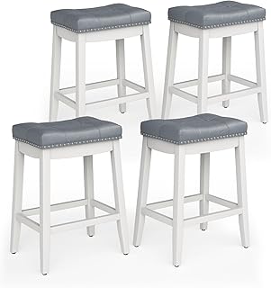 ERGOMASTER Set of 4 Cambridge Bar Stools, 24 Inch Counter Stools, Solid Wood Legs Espresso with Gray PU Cushion for Kitchen Living Room and Bar (Set of 4,24Inches White Leg