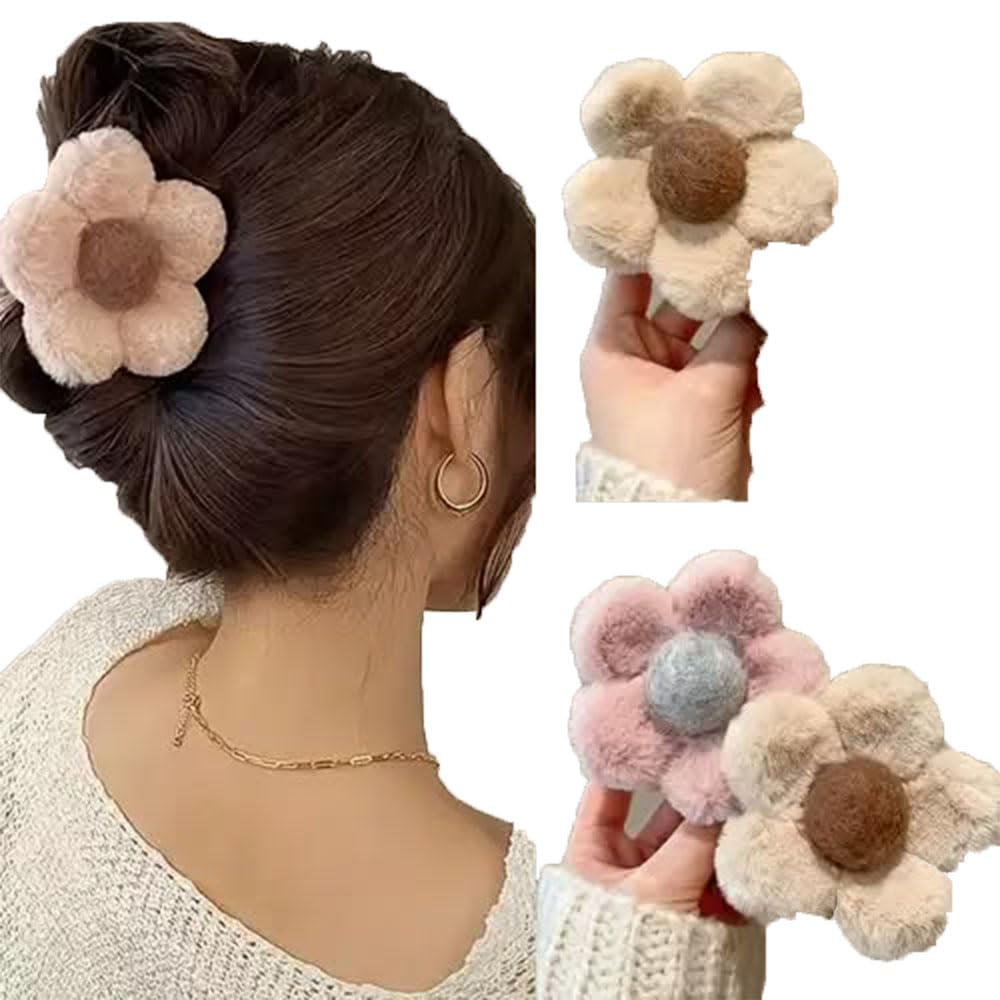Fluffy Flower Hair Claw Clip, Furry Plush Floral Hair Clutcher, Korean Style Hair Accessory for Women and Girls, 2 Pack-image-26